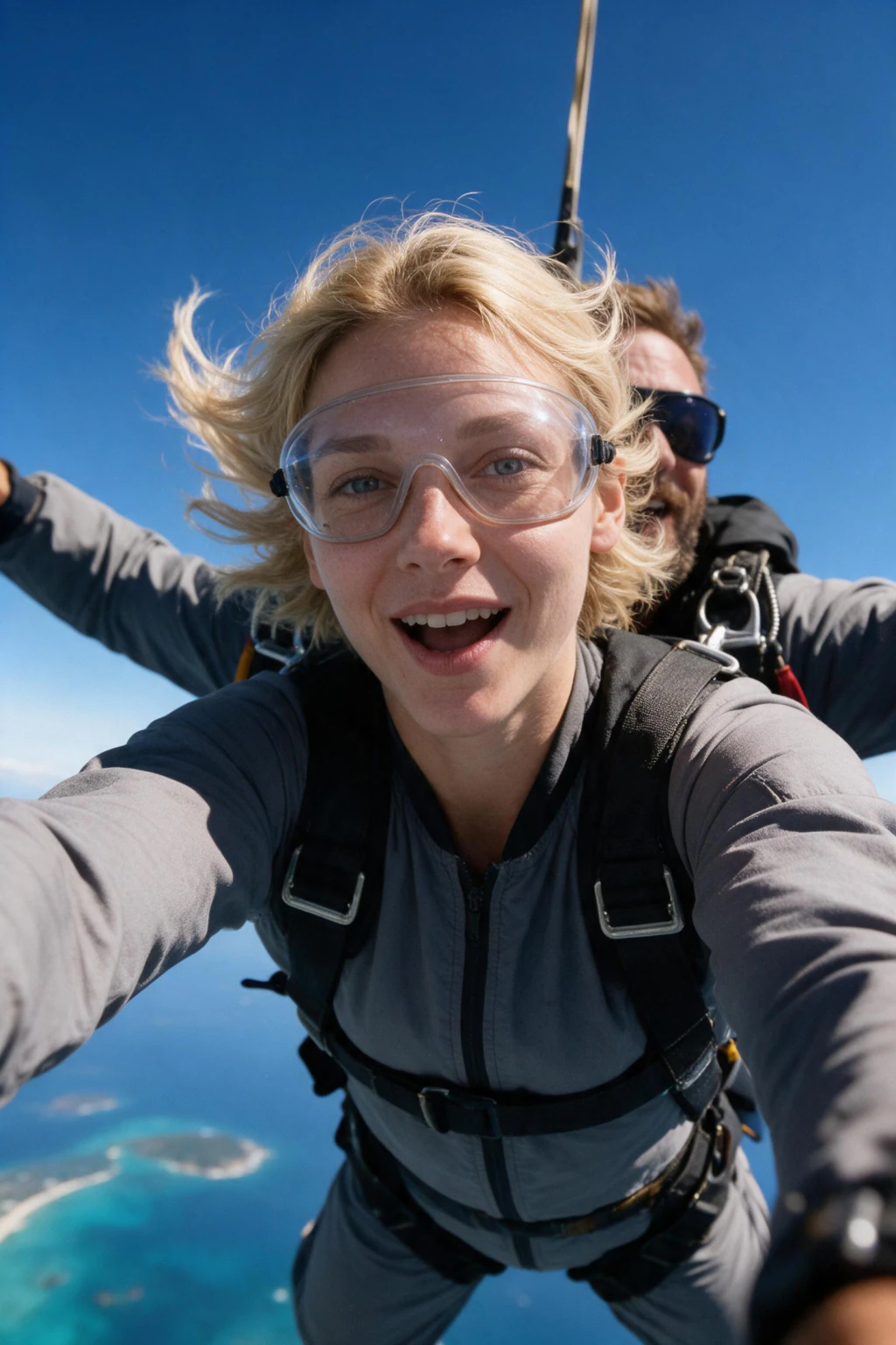 AI Skydiving Photo Generator: 10 Extreme Sports Looks From One Selfie: skydiving freefall example, generated from one selfie | MakeAiPhotos
