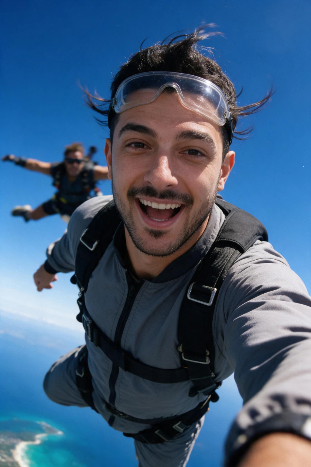 AI Skydiving Photo Generator: 10 Extreme Sports Looks From One Selfie: skydiving freefall example, generated from one selfie | MakeAiPhotos