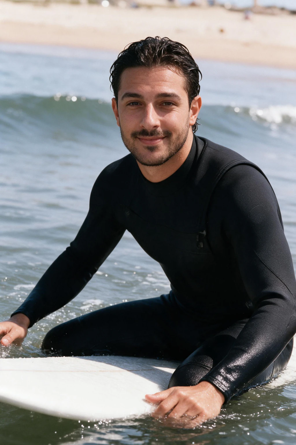 AI photo of the same man sitting on a surfboard beyond the break with wet hair pushed back, generated from the same selfie