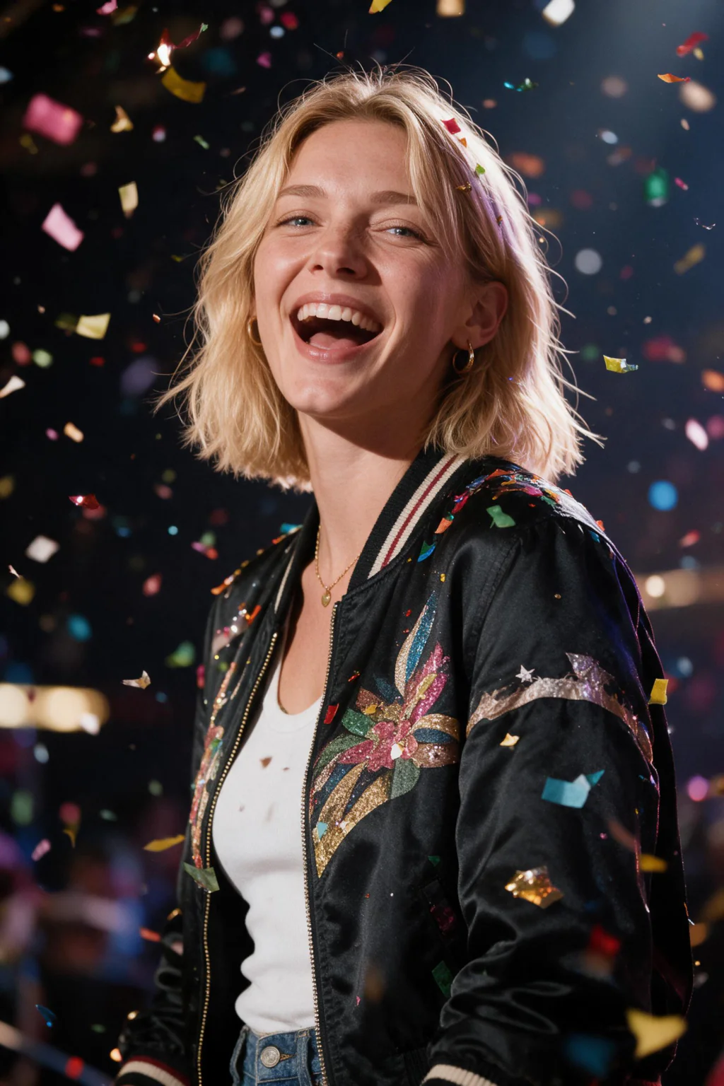 AI Festival Photos That Look Like You Were There: confetti drop example, generated from one selfie | MakeAiPhotos