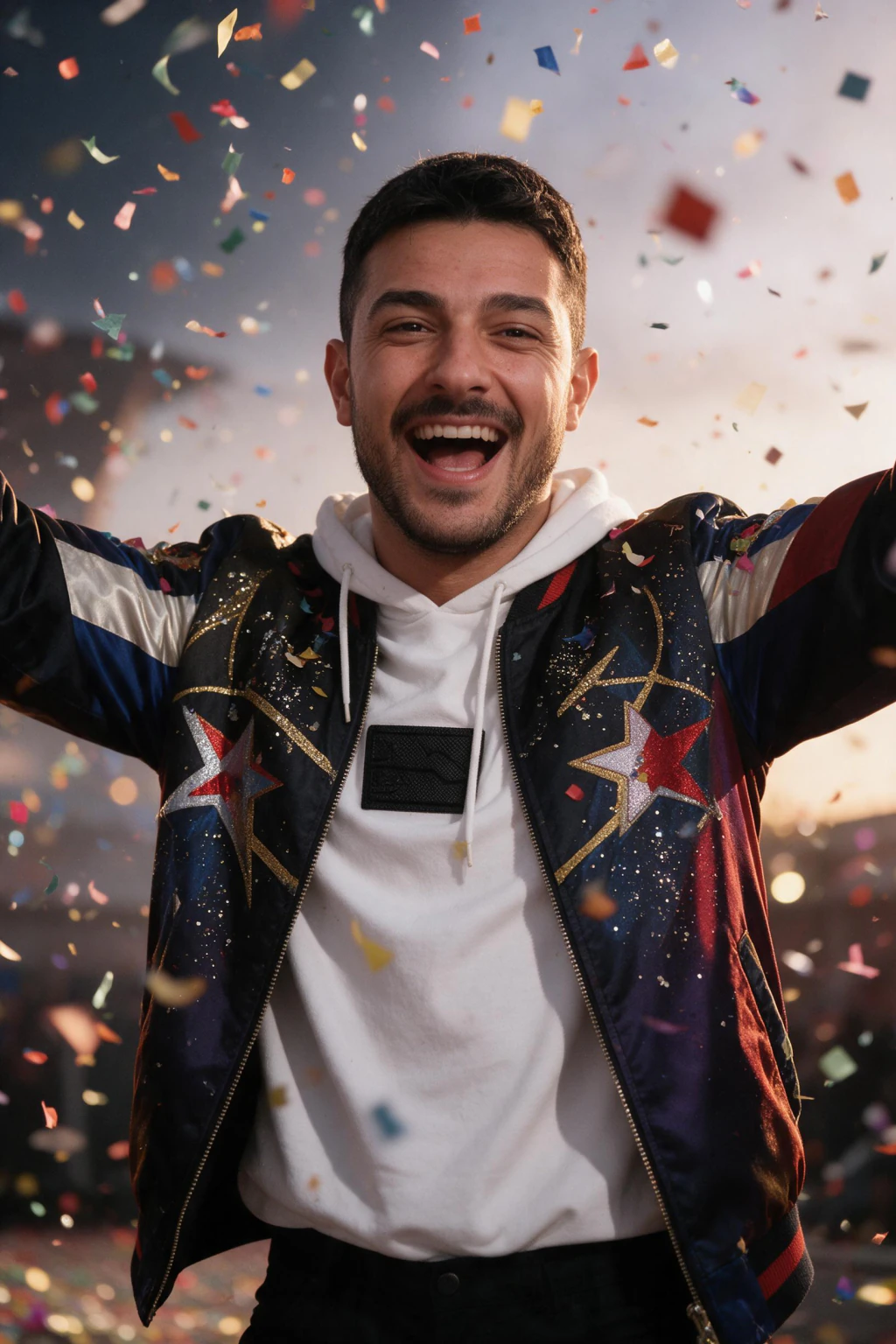 AI Festival Photos That Look Like You Were There: confetti drop example, generated from one selfie | MakeAiPhotos