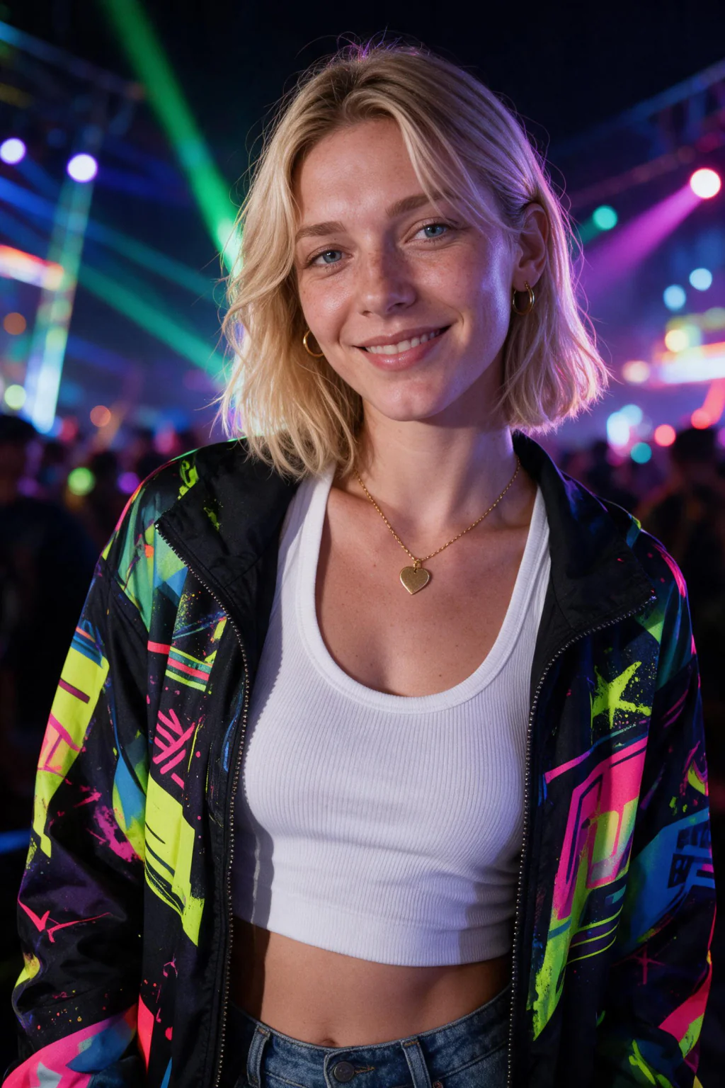 AI Festival Photos That Look Like You Were There: neon rave example, generated from one selfie | MakeAiPhotos