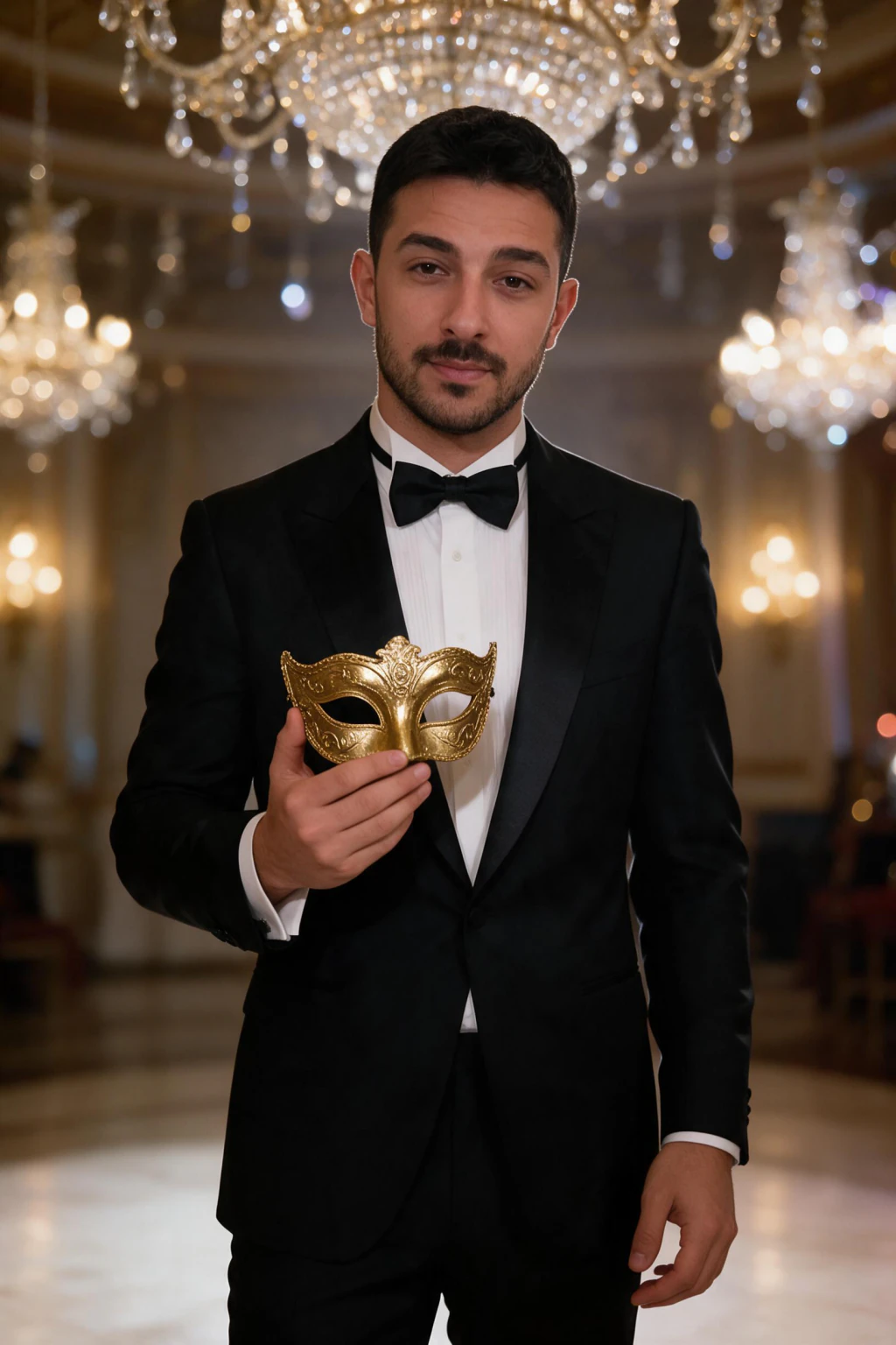 Masquerade ball, mask in hand: AI photo generated from the selfie on the left