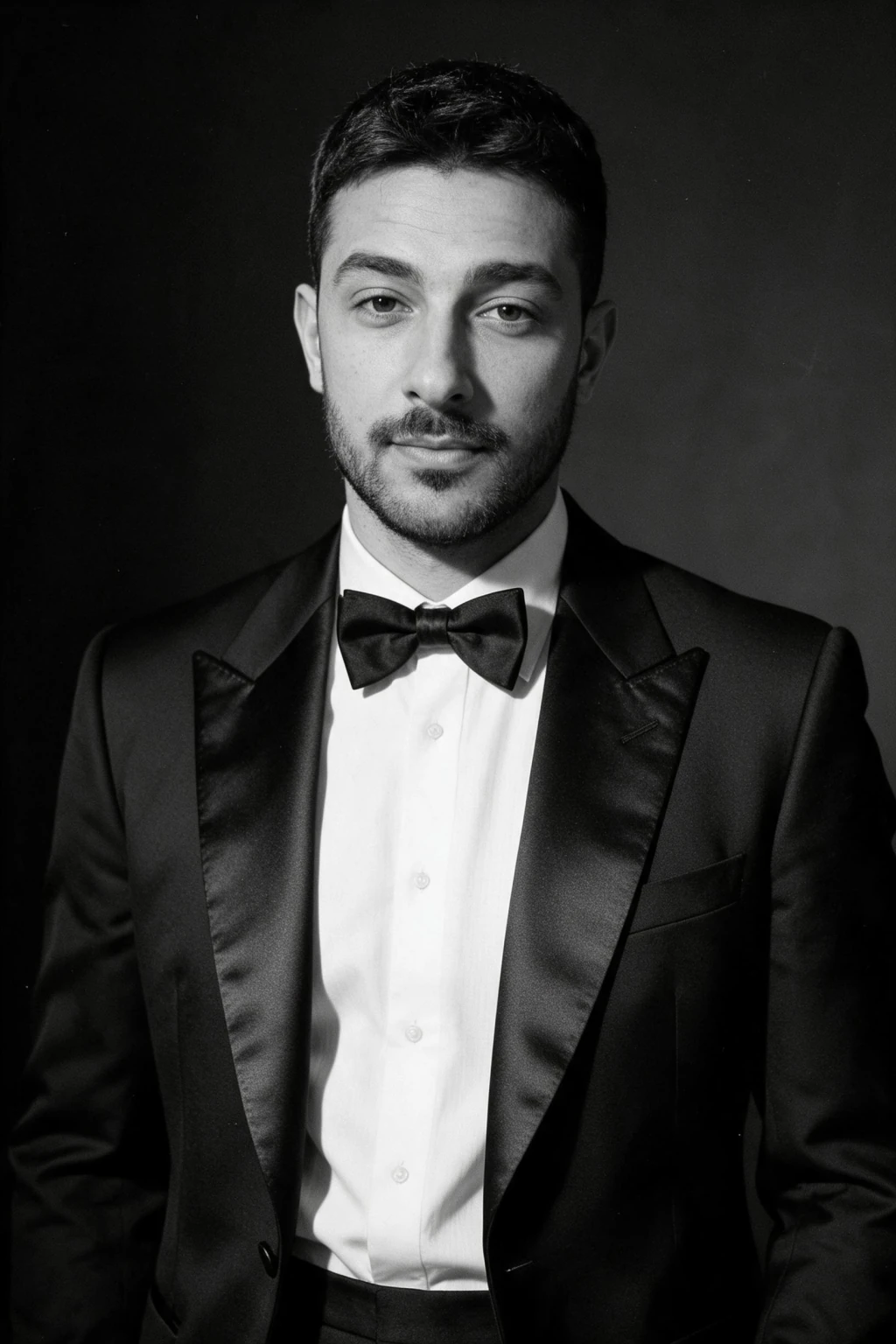 Old Hollywood black and white glamour portrait generated from one selfie: hard key light, dinner jacket, dark studio