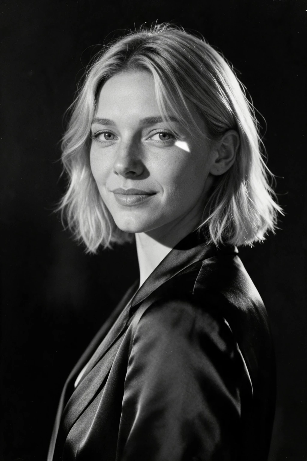 Three-quarter turn old Hollywood black and white portrait of a woman, generated from one selfie: shoulders turned, single hard key light from camera left, dark studio