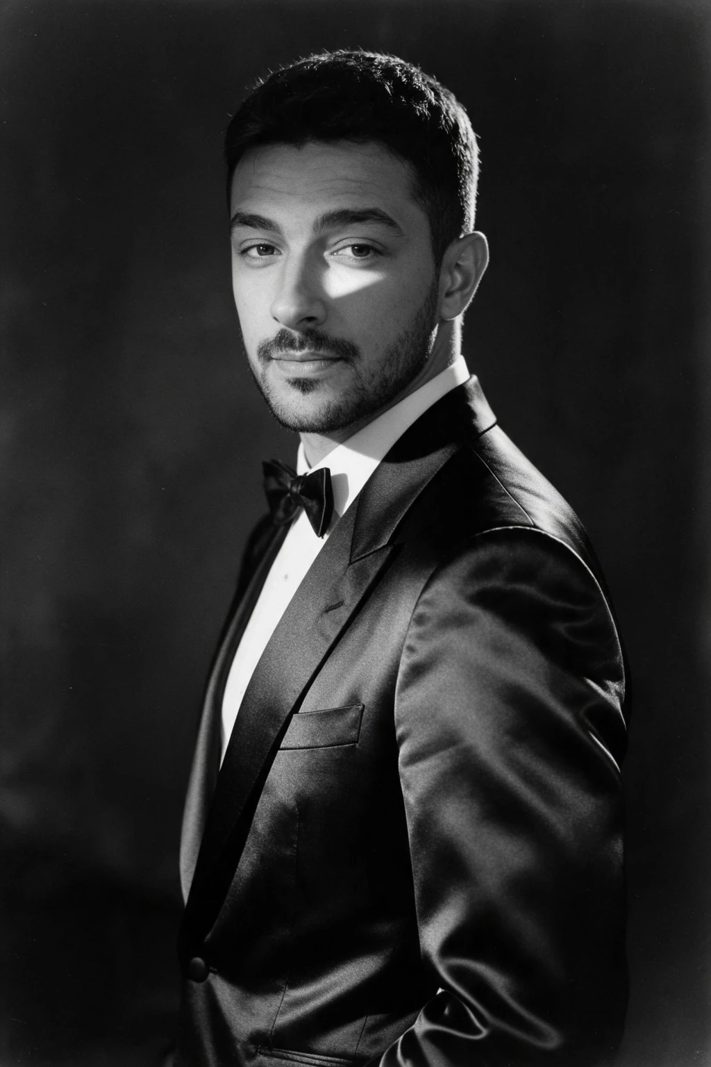 Three-quarter turn old Hollywood black and white portrait of a man, generated from one selfie: shoulders turned, single hard key light from camera left, dark studio, satin dinner jacket