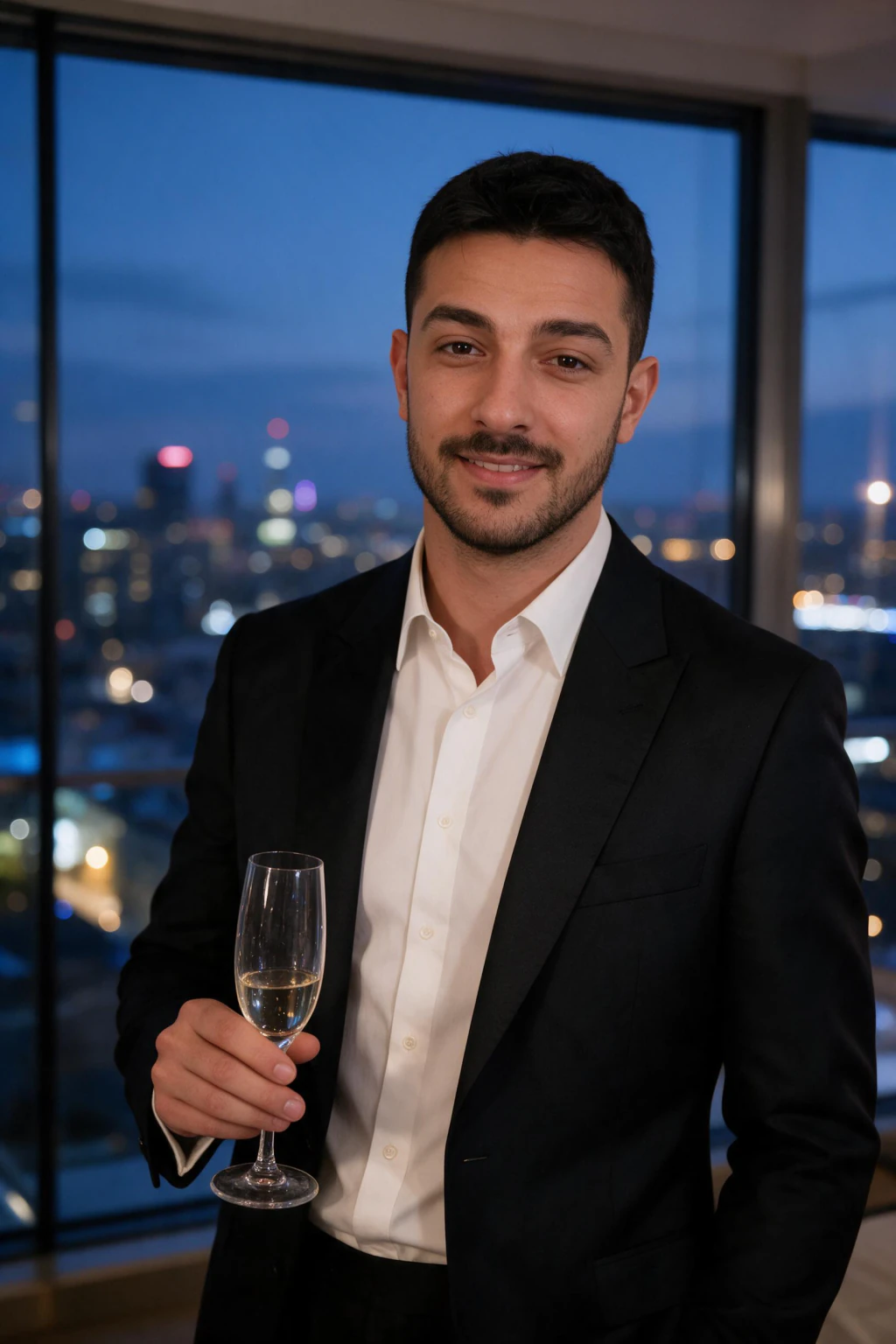 AI Glamour Photo Generator: From One Selfie: penthouse champagne example, generated from one selfie | MakeAiPhotos