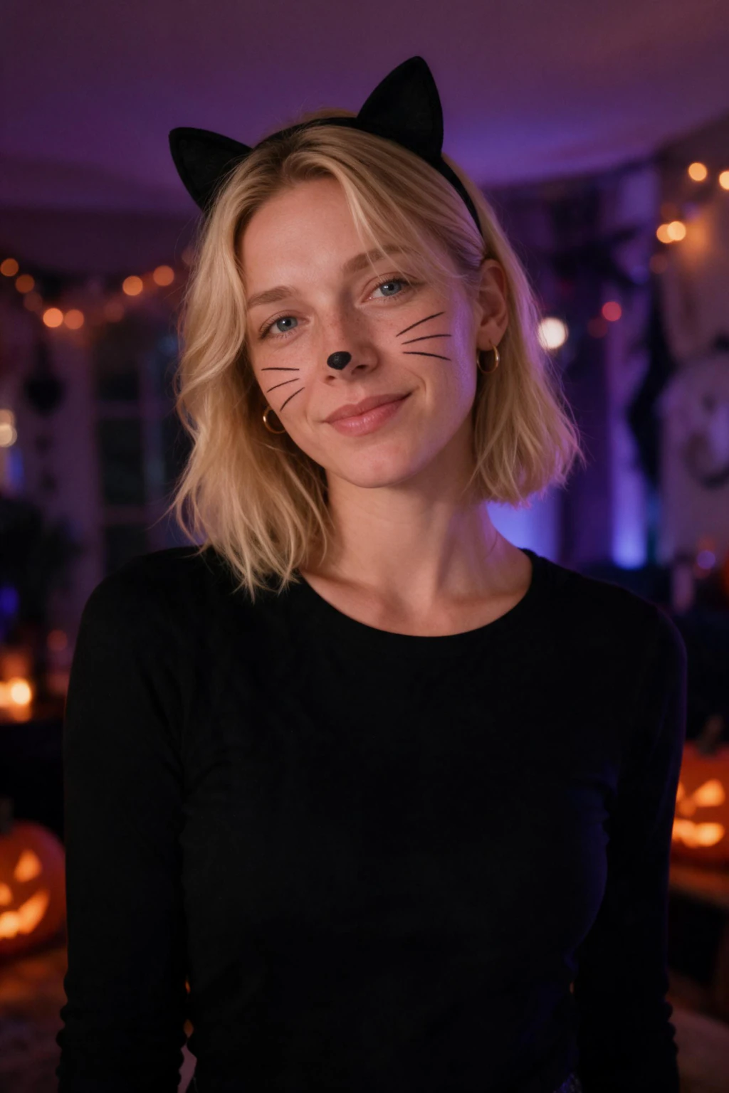 AI Halloween Costume Generator: Put Yourself in a Costume From One Selfie: black cat example, generated from one selfie | MakeAiPhotos