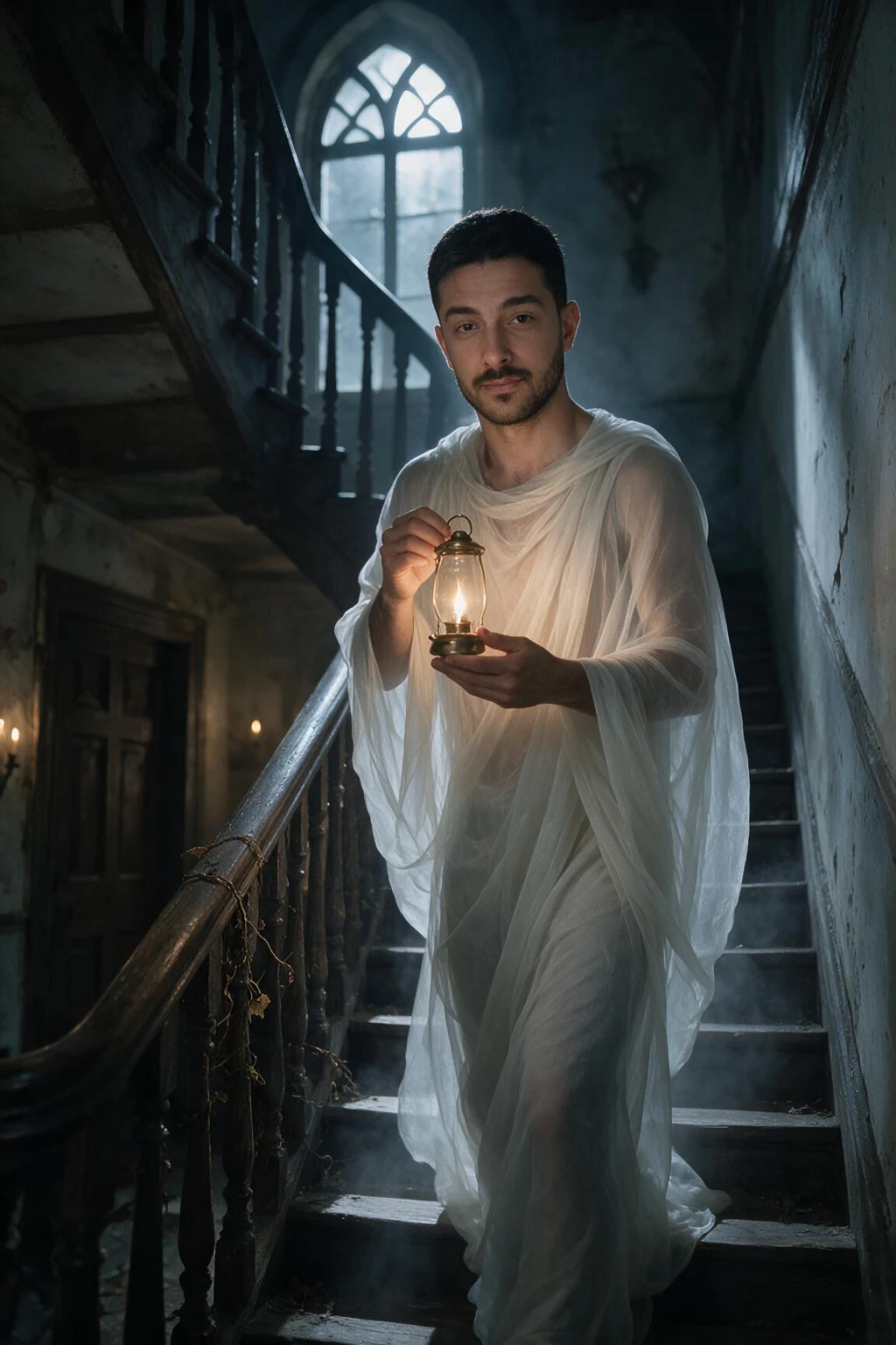 Ghost, lantern stairs: AI photo generated from the selfie on the left