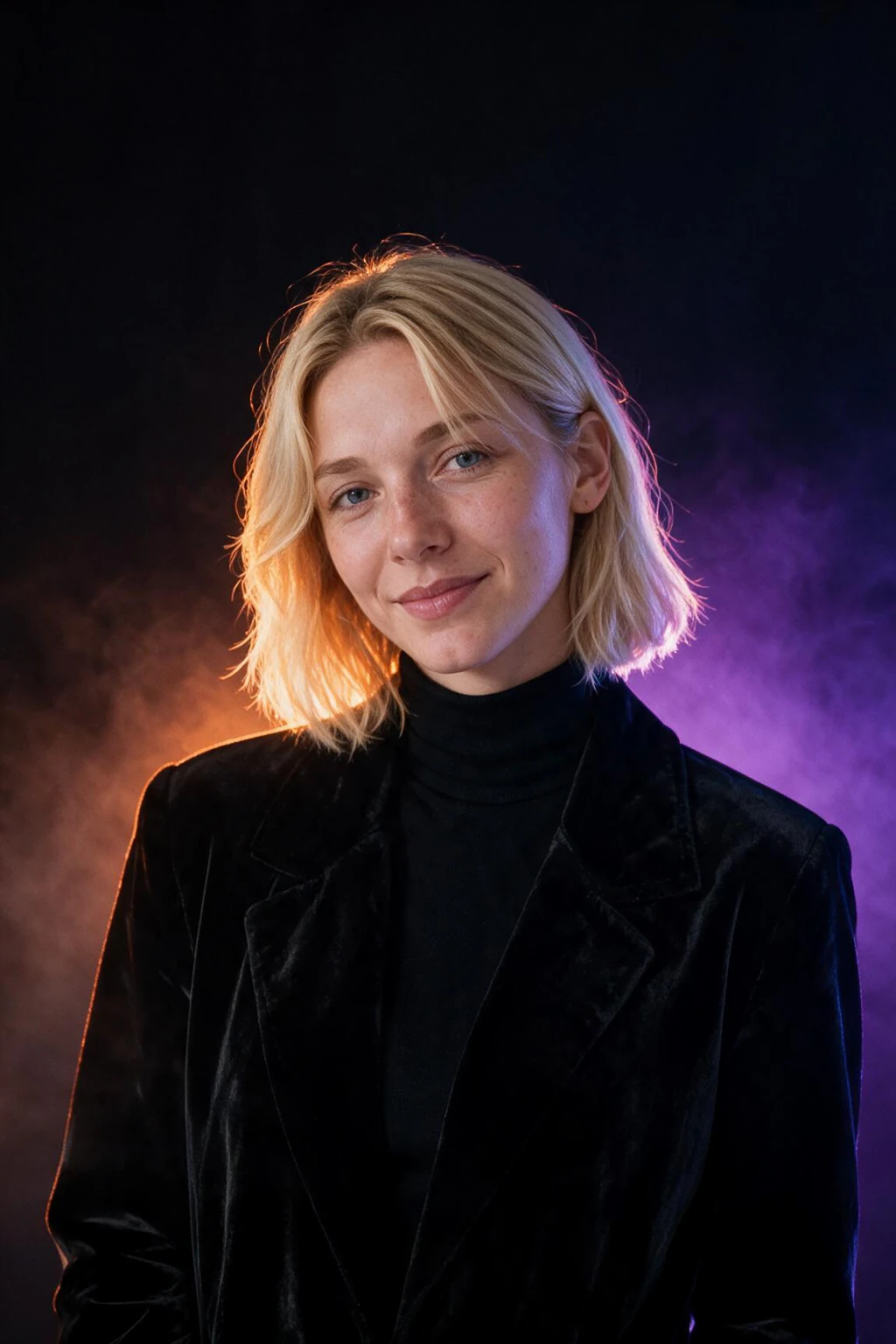 Halloween profile picture generated from one selfie: head and shoulders, near-black backdrop, black velvet collar, orange and purple rim light