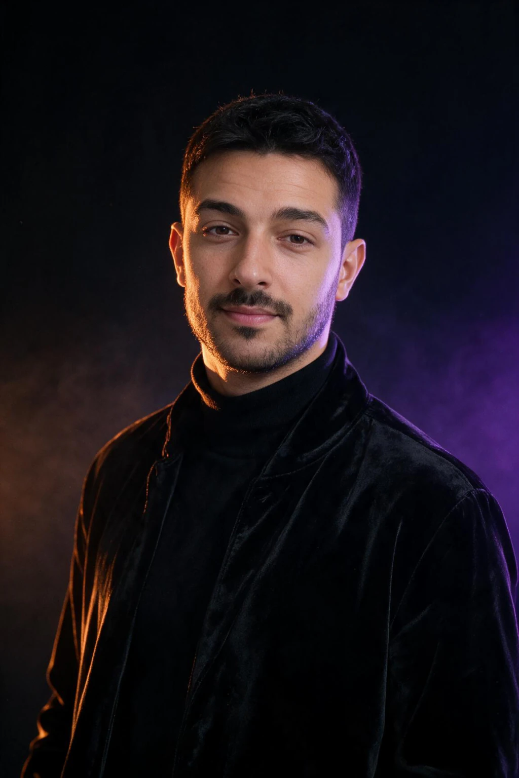 Halloween profile picture generated from one selfie: man in black velvet high-collar coat, near-black backdrop, orange and purple rim light