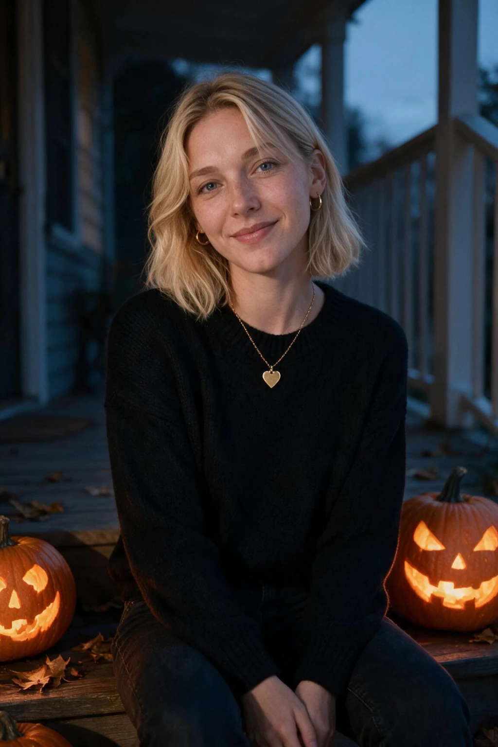 Halloween selfie photo generated from one selfie: woman in a black knit sweater on a front porch with three glowing carved pumpkins