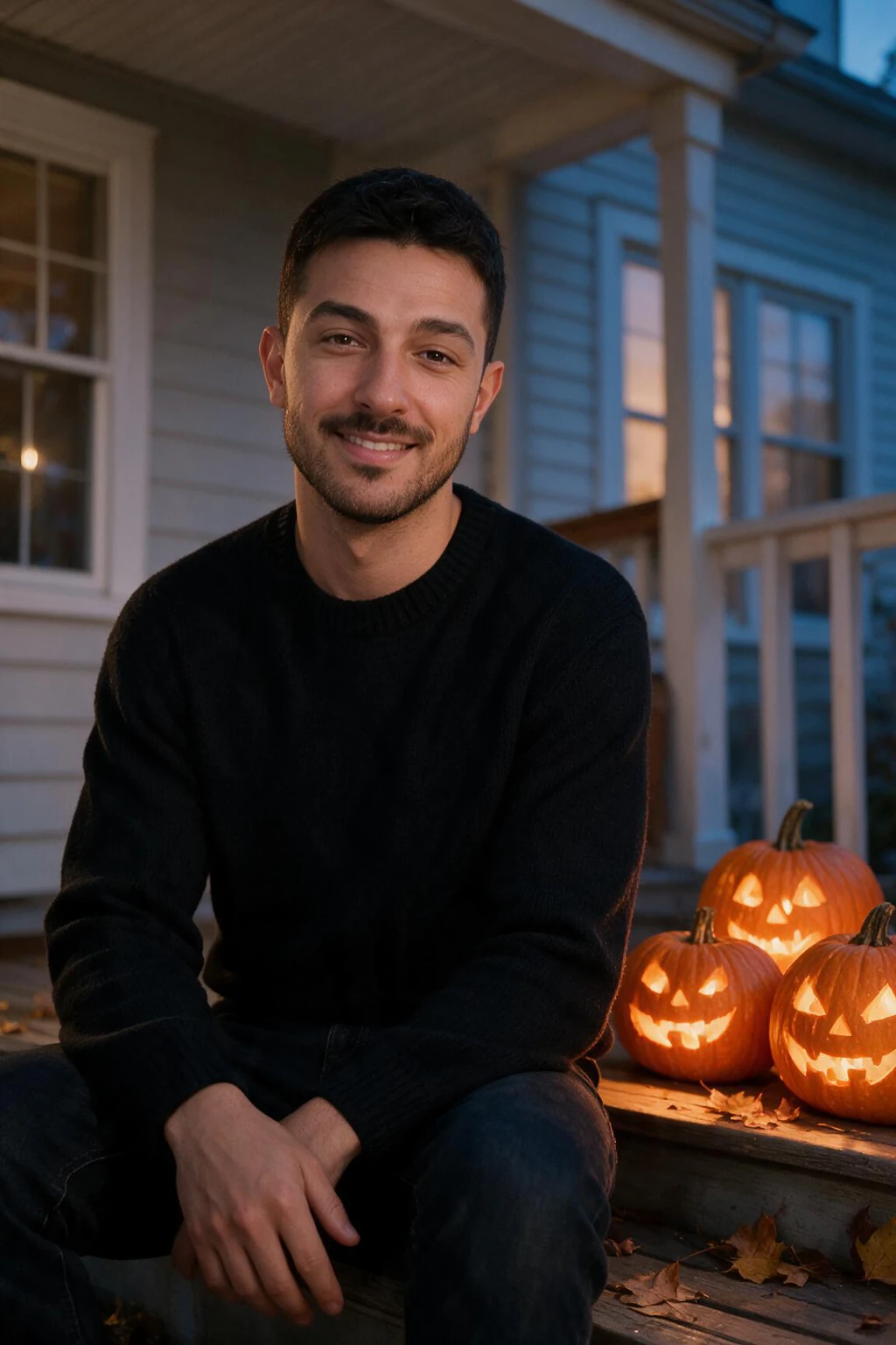 Halloween photo of a man generated from one selfie: black knit sweater on a porch step beside three glowing carved pumpkins
