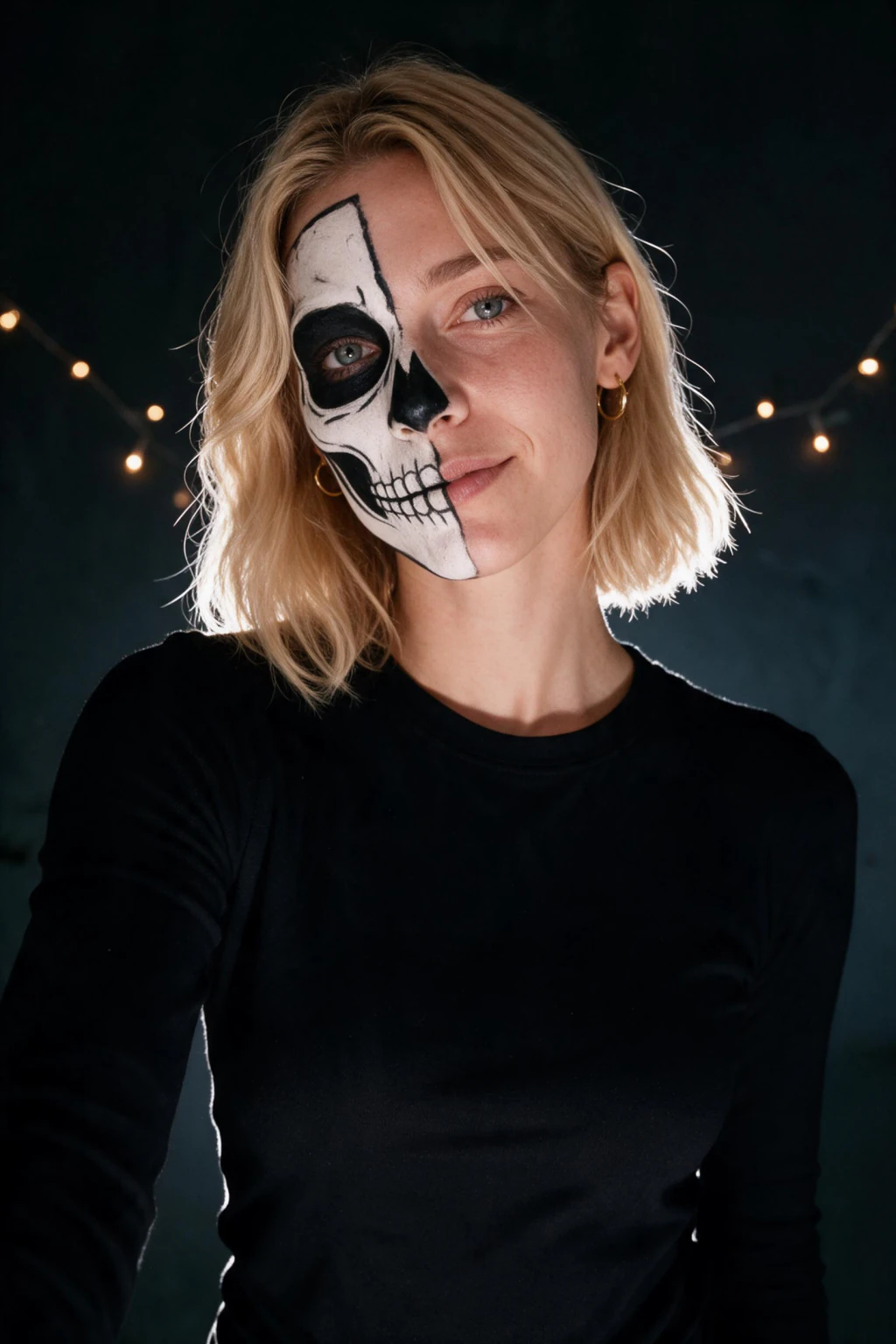 AI Halloween Costume Generator: Put Yourself in a Costume From One Selfie: skeleton paint example, generated from one selfie | MakeAiPhotos