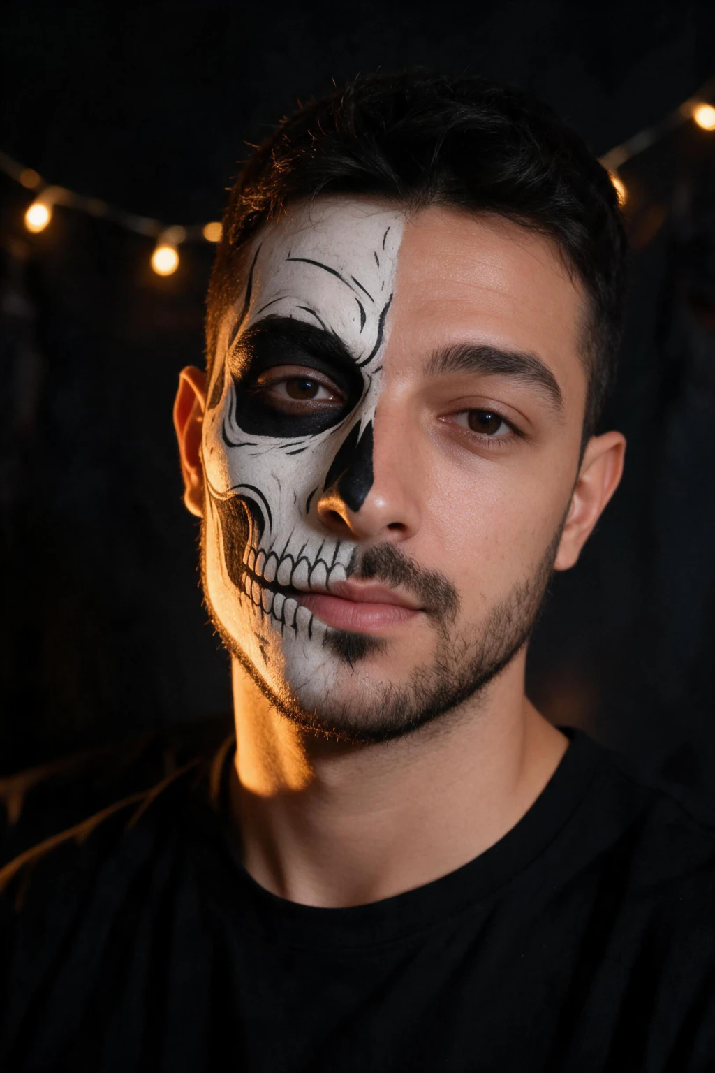 AI Halloween Costume Generator: Put Yourself in a Costume From One Selfie: skeleton paint example, generated from one selfie | MakeAiPhotos