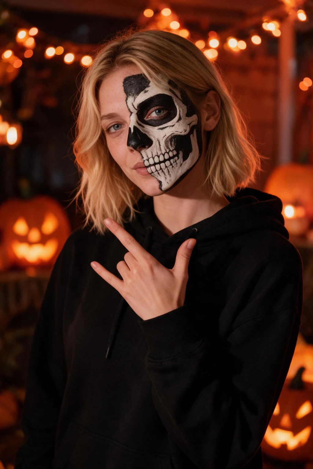 Skeleton face paint photo generated from one selfie: half-face paint, black hoodie, warm string lights and pumpkin glow behind