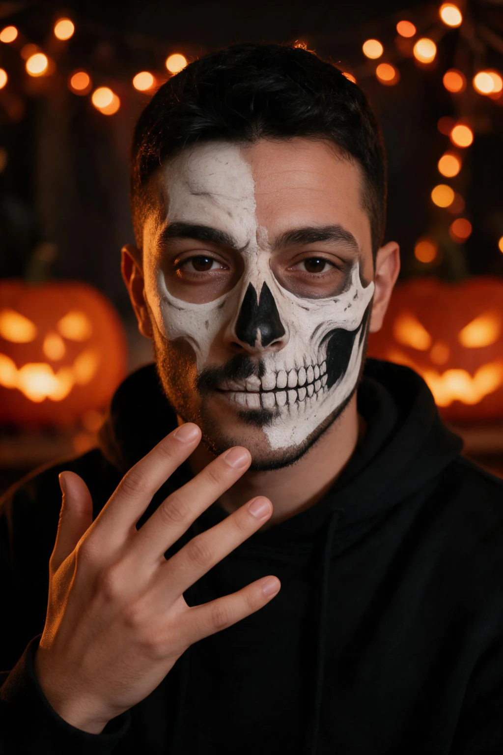 Skeleton paint, string lights: AI photo generated from the selfie on the left
