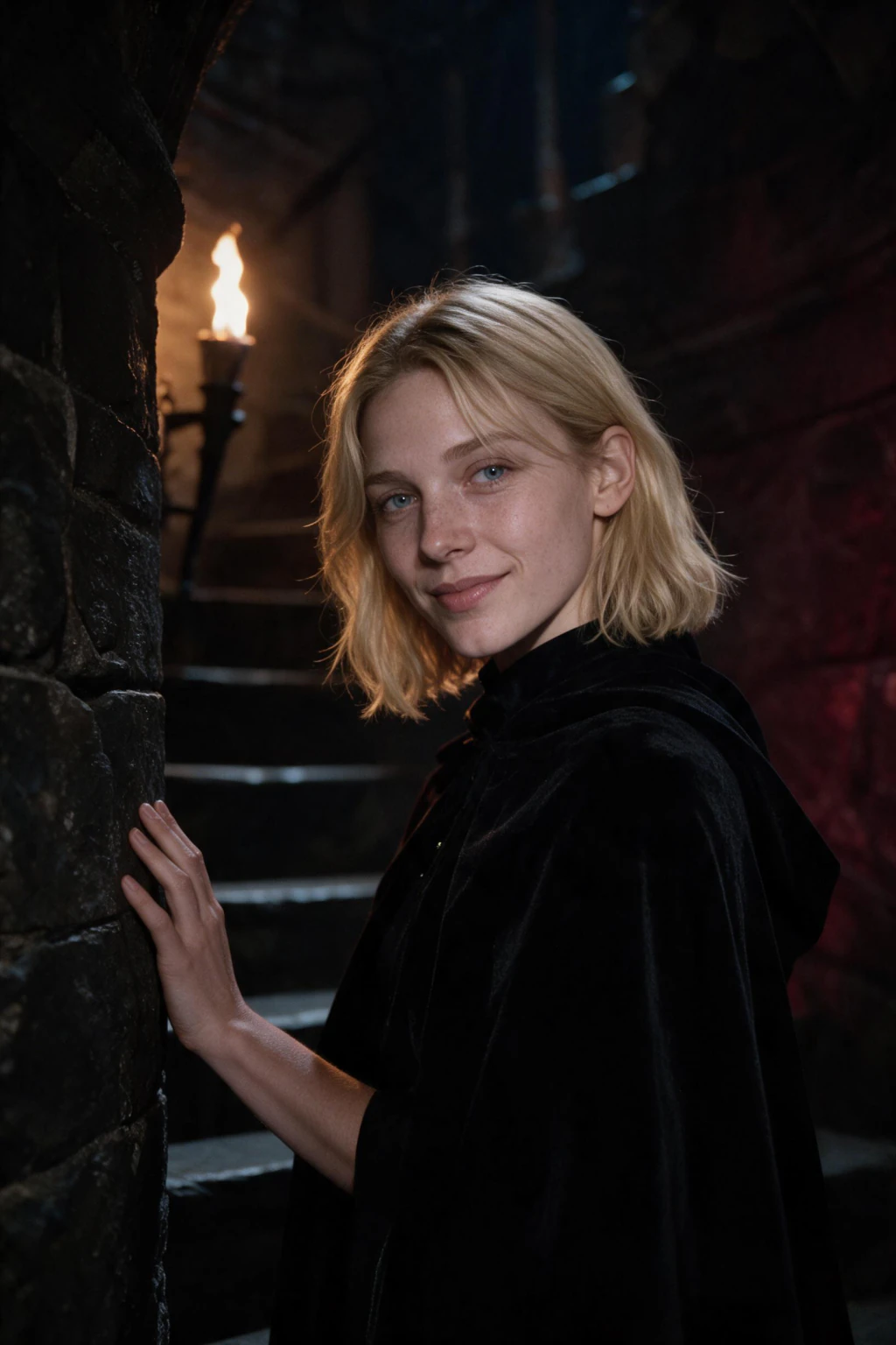 AI vampire aesthetic photo generated from one selfie: woman descending a dark stone castle stairwell, cape flowing, torchlight from below
