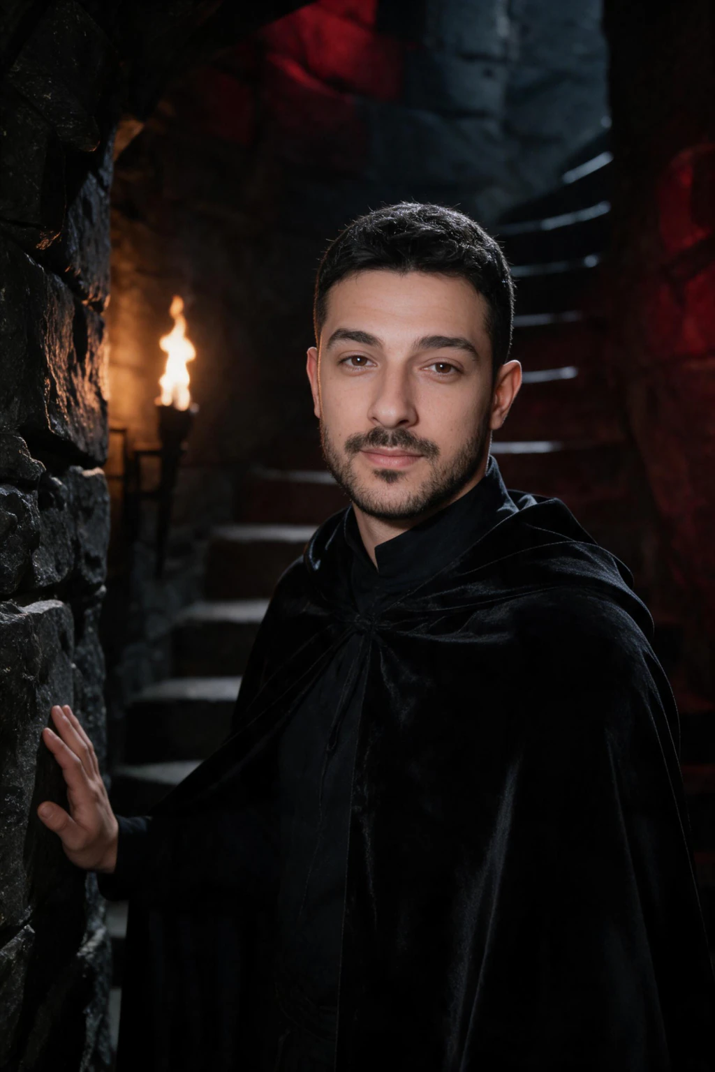 Vampire, castle stairwell: AI photo generated from the selfie on the left