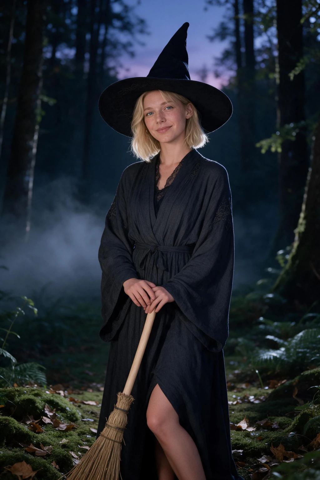 Witch costume photo generated from one selfie: standing with both hands resting on a broom handle in a misty clearing