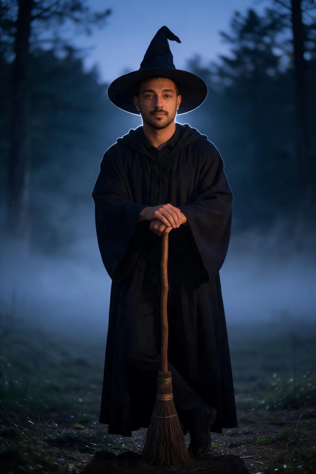 AI witch costume photo generated from the same selfie: broom lean pose, both hands on a planted broom, one foot crossed, moonlight rim behind