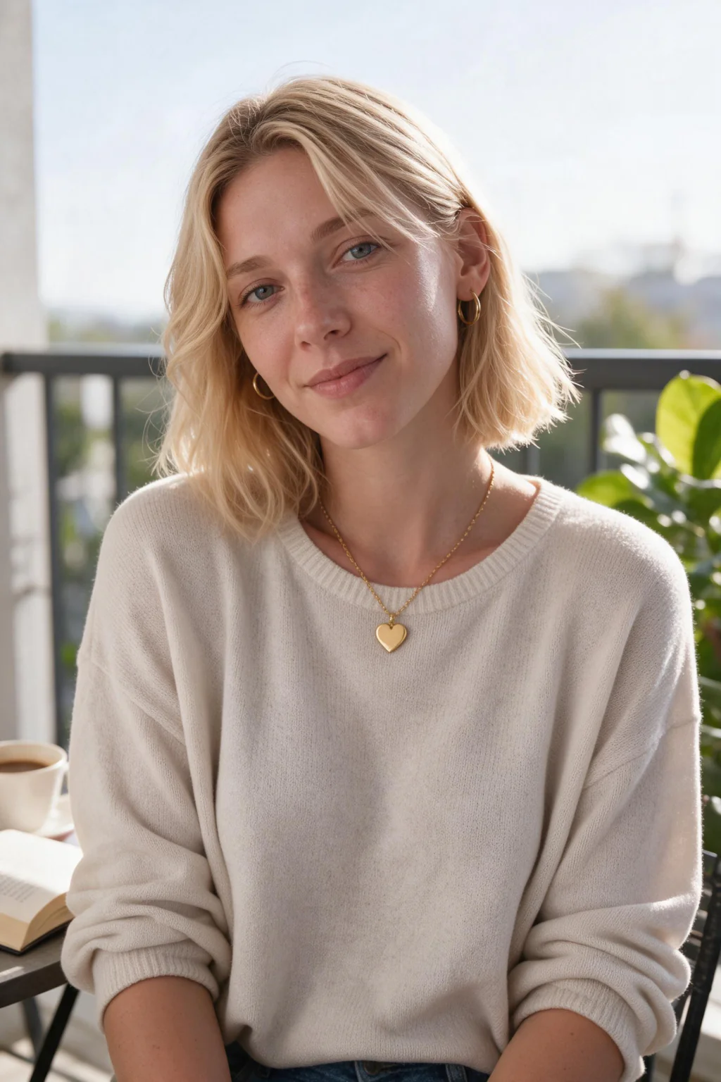 AI Hinge Photos, One For Every Slot: book balcony example, generated from one selfie | MakeAiPhotos