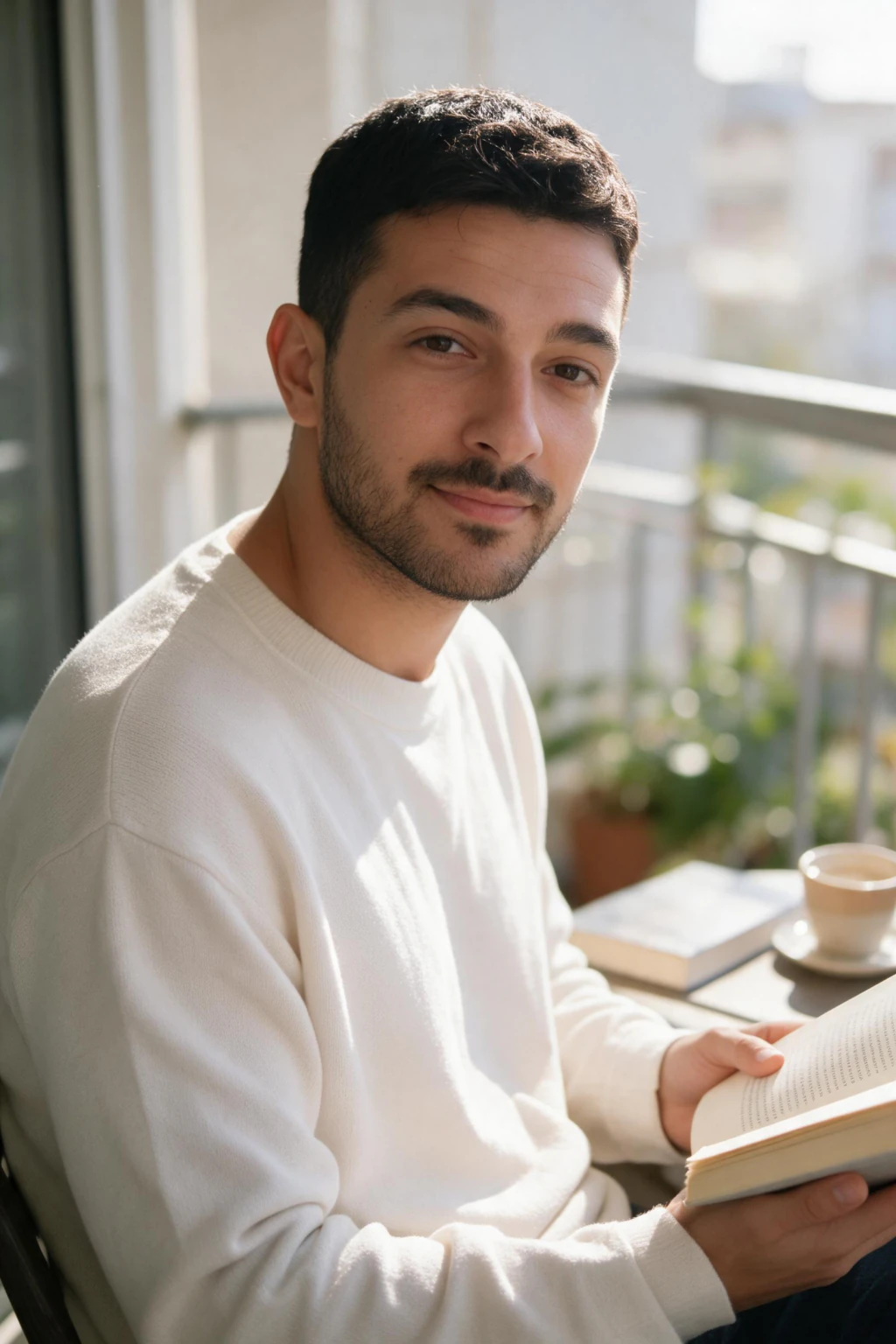 AI Hinge Photos, One For Every Slot: book balcony example, generated from one selfie | MakeAiPhotos