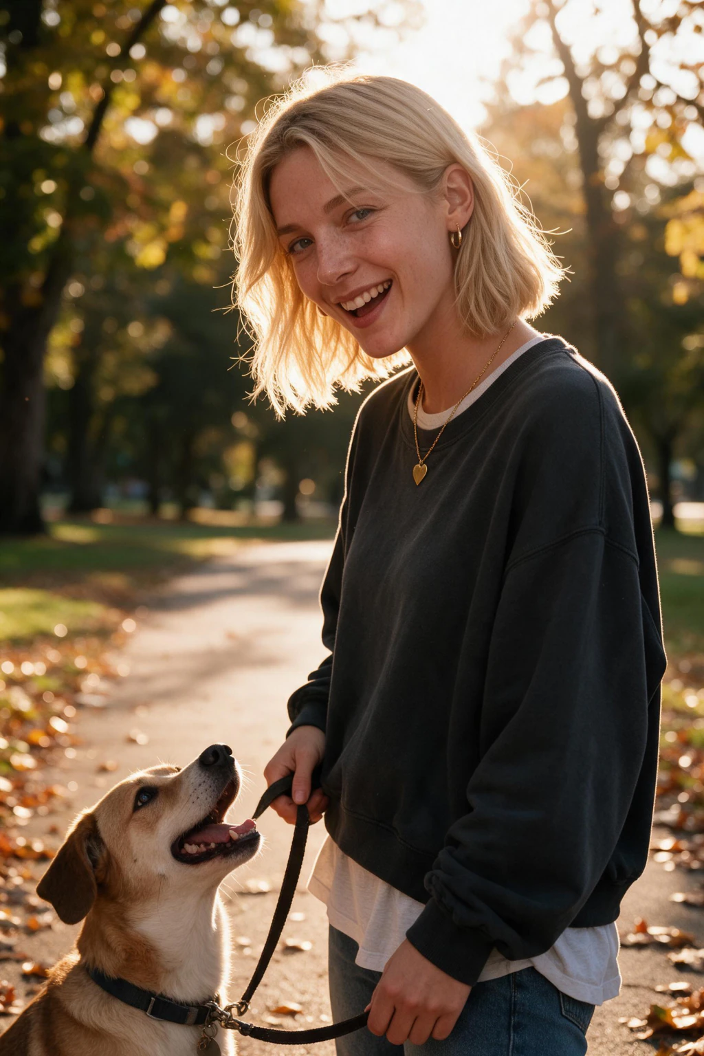 AI Hinge Photos, One For Every Slot: dog walk park example, generated from one selfie | MakeAiPhotos