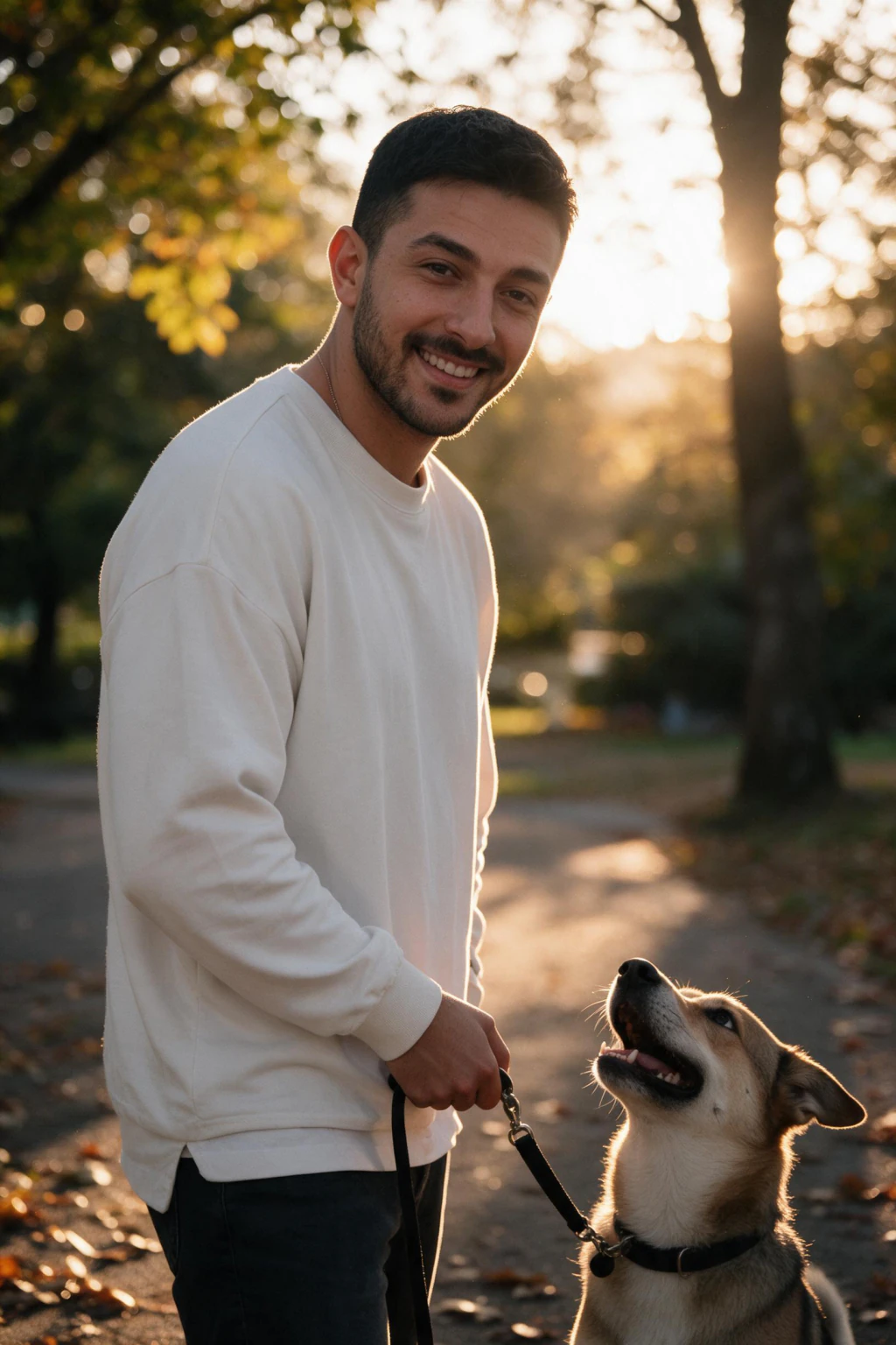 AI Hinge Photos, One For Every Slot: dog walk park example, generated from one selfie | MakeAiPhotos