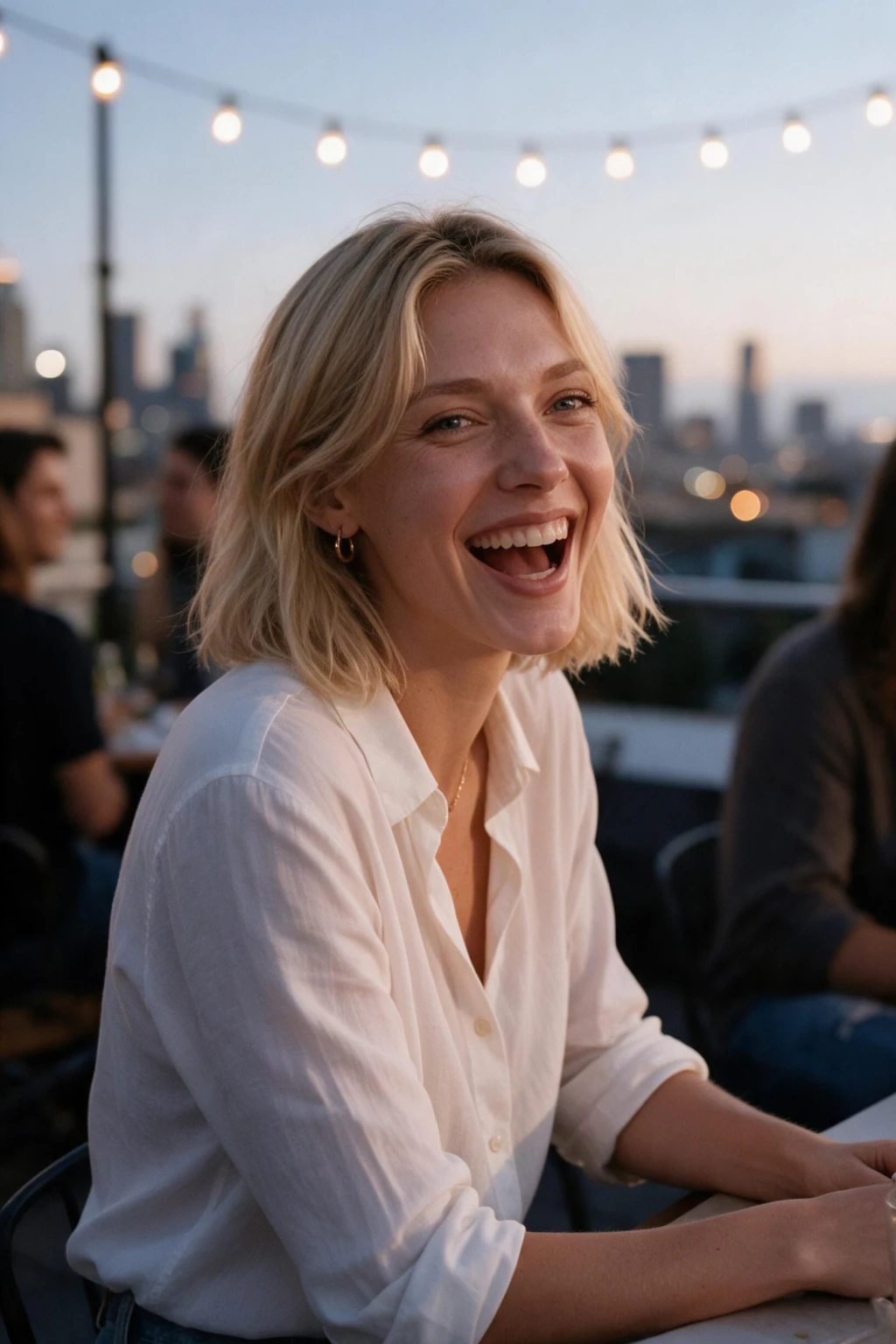 AI Hinge Photos, One For Every Slot: rooftop friends example, generated from one selfie | MakeAiPhotos