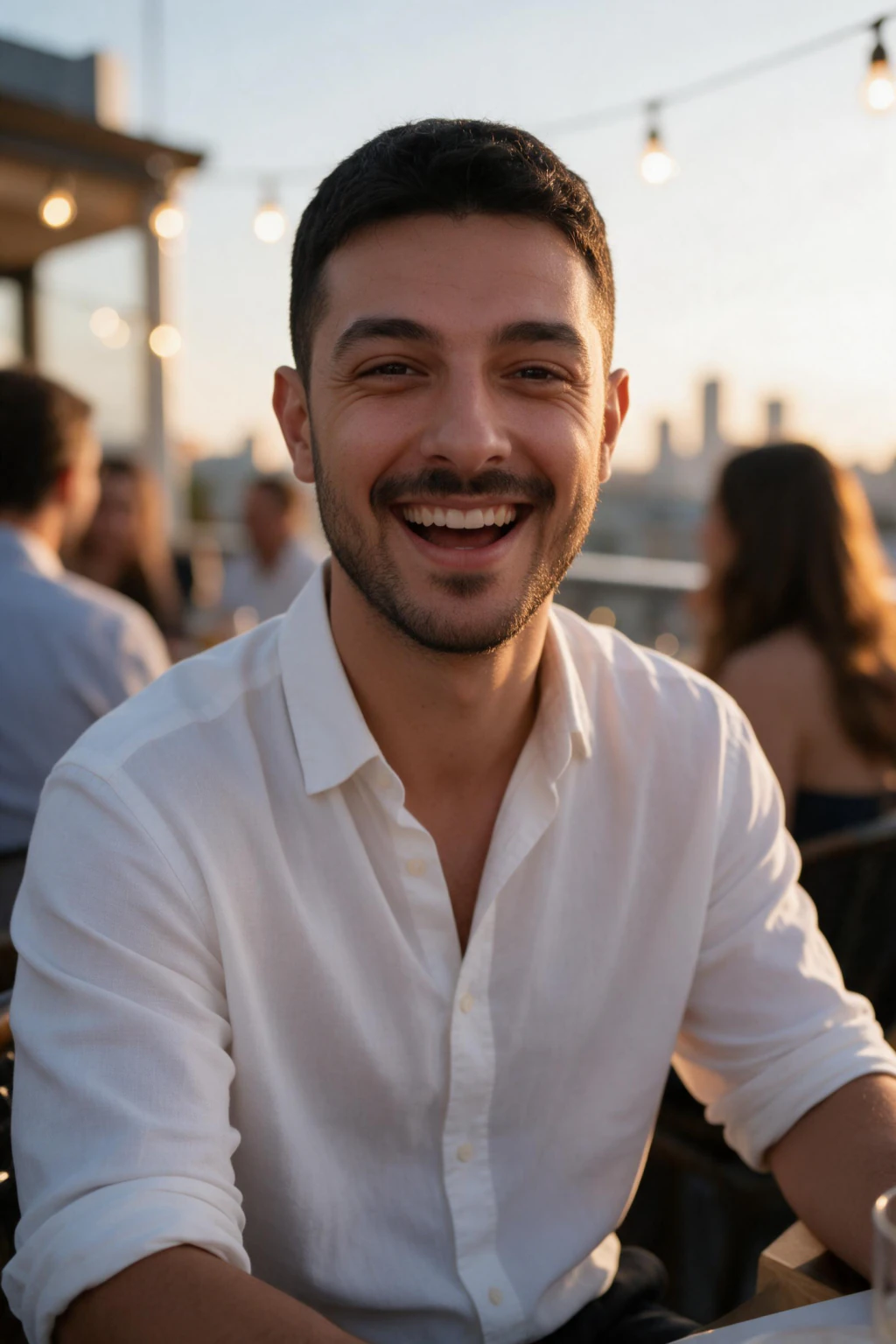 AI Hinge Photos, One For Every Slot: rooftop friends example, generated from one selfie | MakeAiPhotos