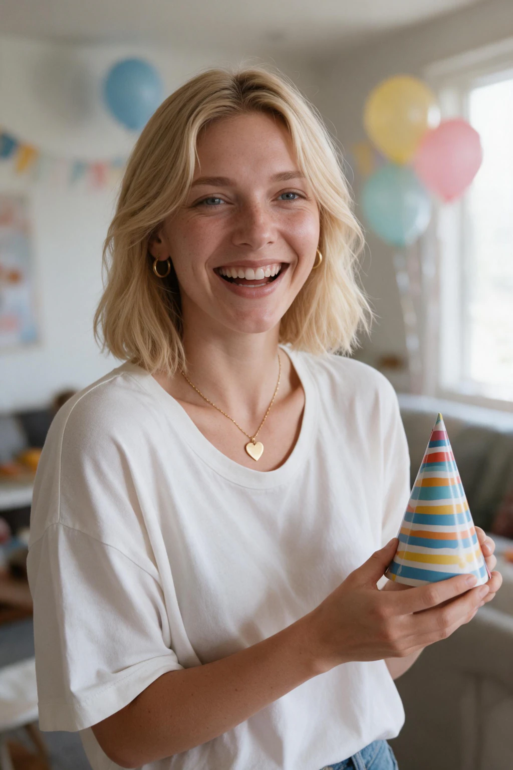 AI birthday photo generated from one selfie: a woman laughing in a living room full of plain gold, white and pink balloons in soft window light