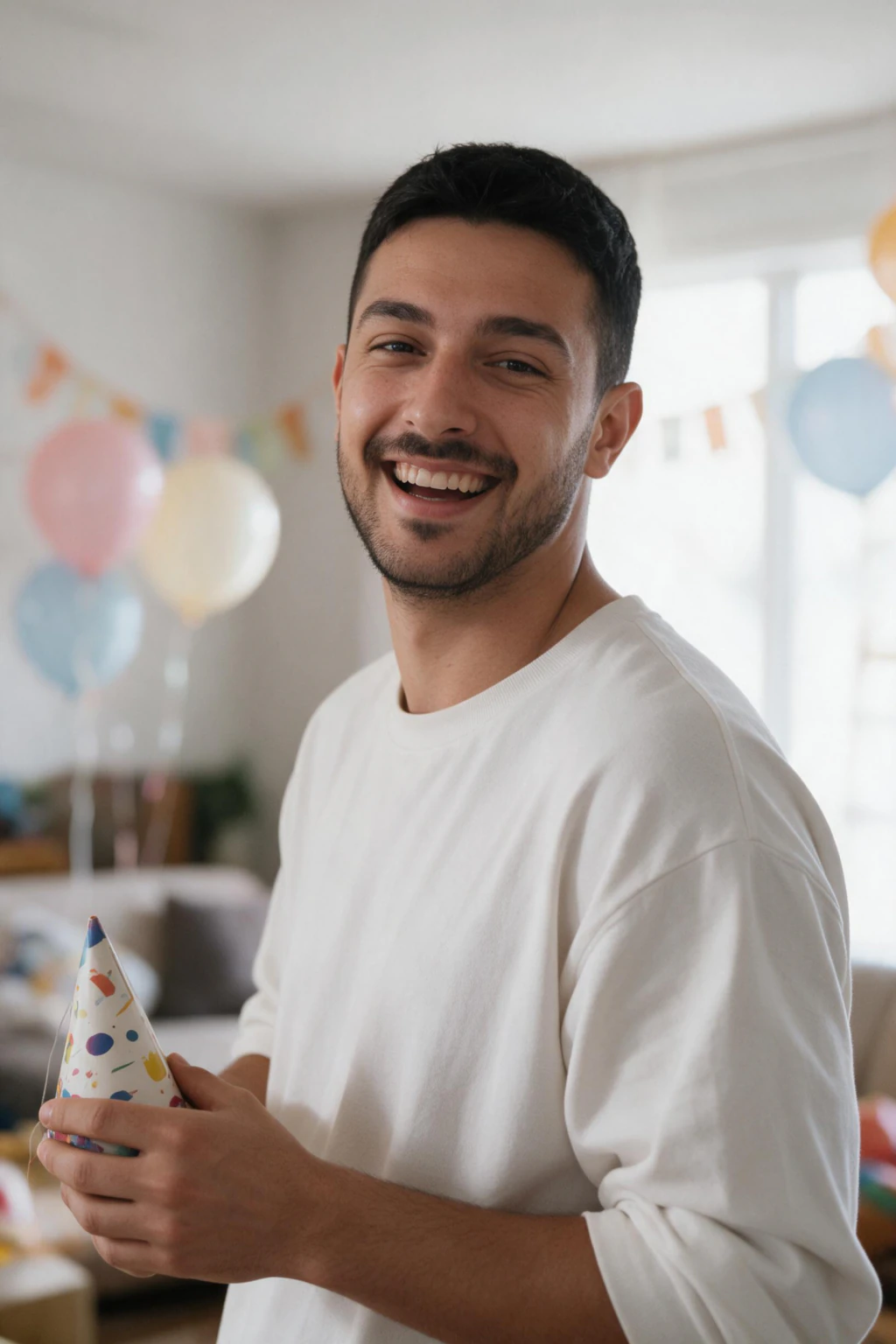 Birthday balloons party: AI photo generated from the selfie on the left