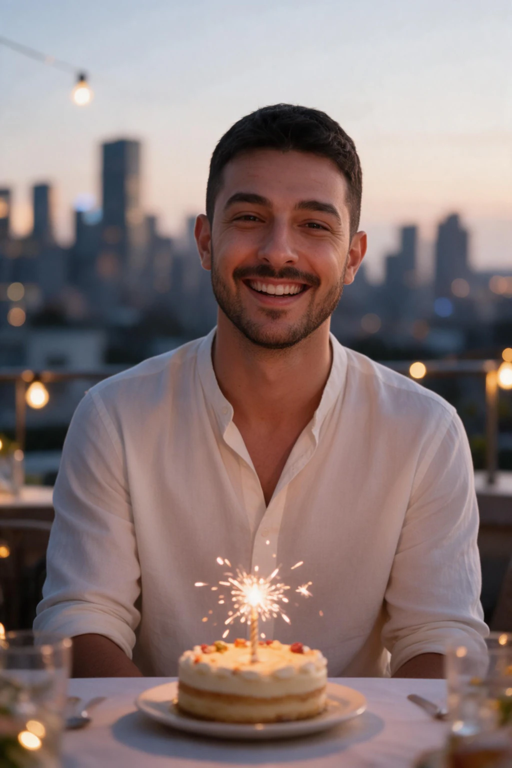 Rooftop birthday dinner: AI photo generated from the selfie on the left