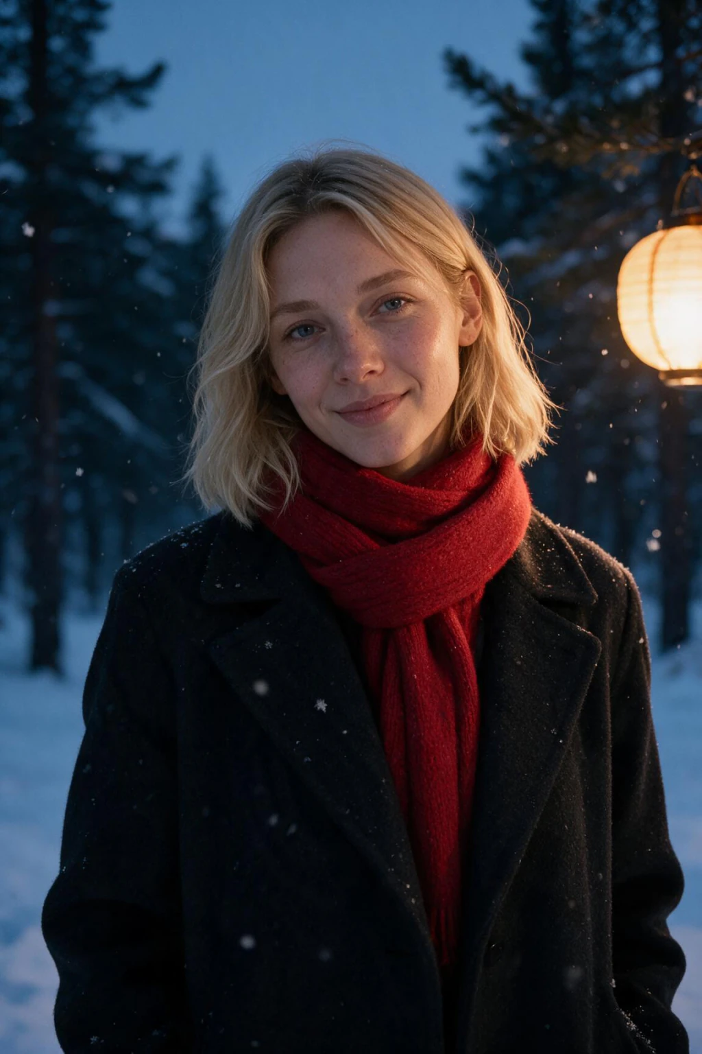 A woman in a dark wool coat and red scarf in a snowy pine forest at dusk, framed for a Christmas card, generated from one selfie
