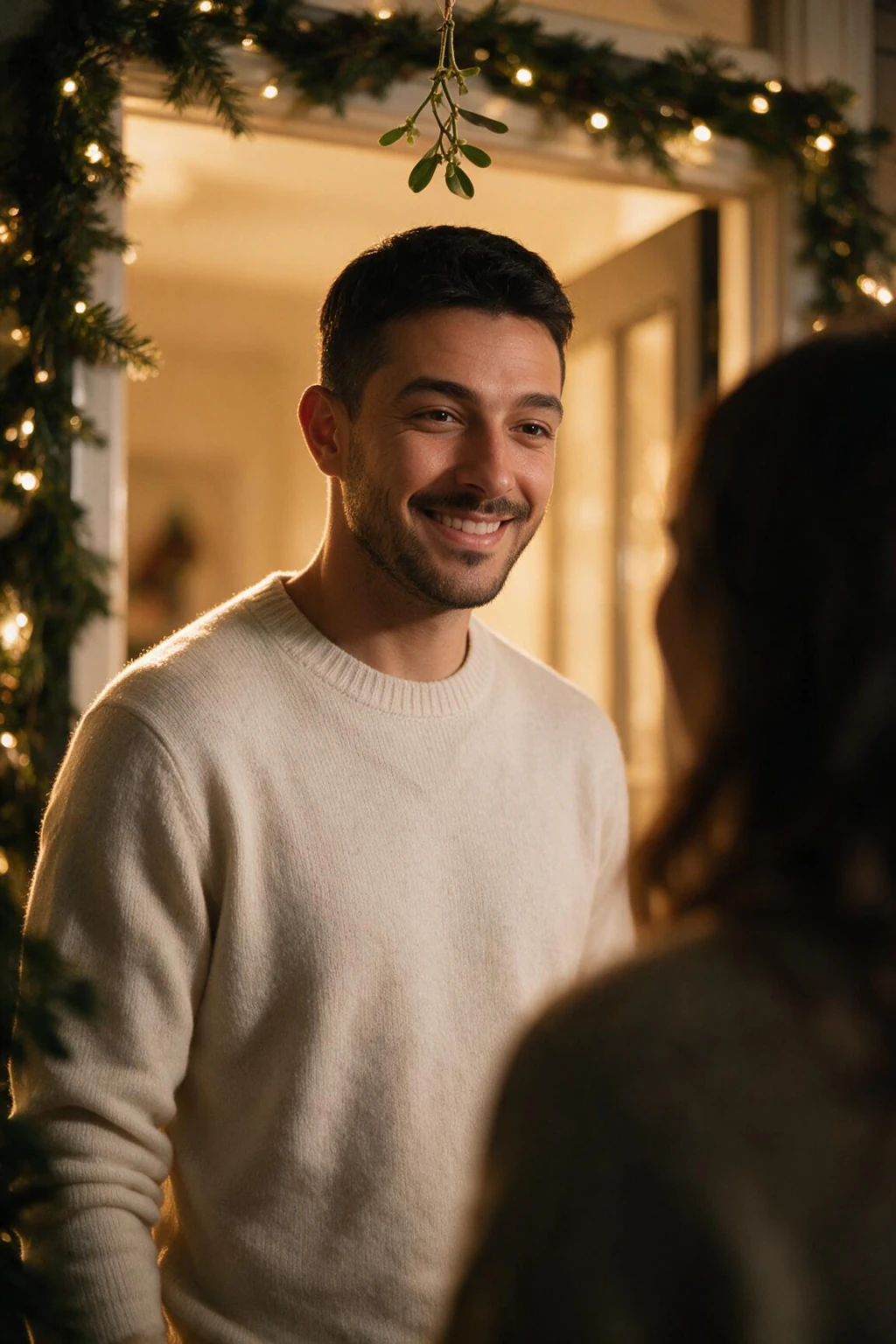 A man laughing under mistletoe in a warmly lit doorway with a pine garland, a partner turned away at the frame edge, generated from one selfie