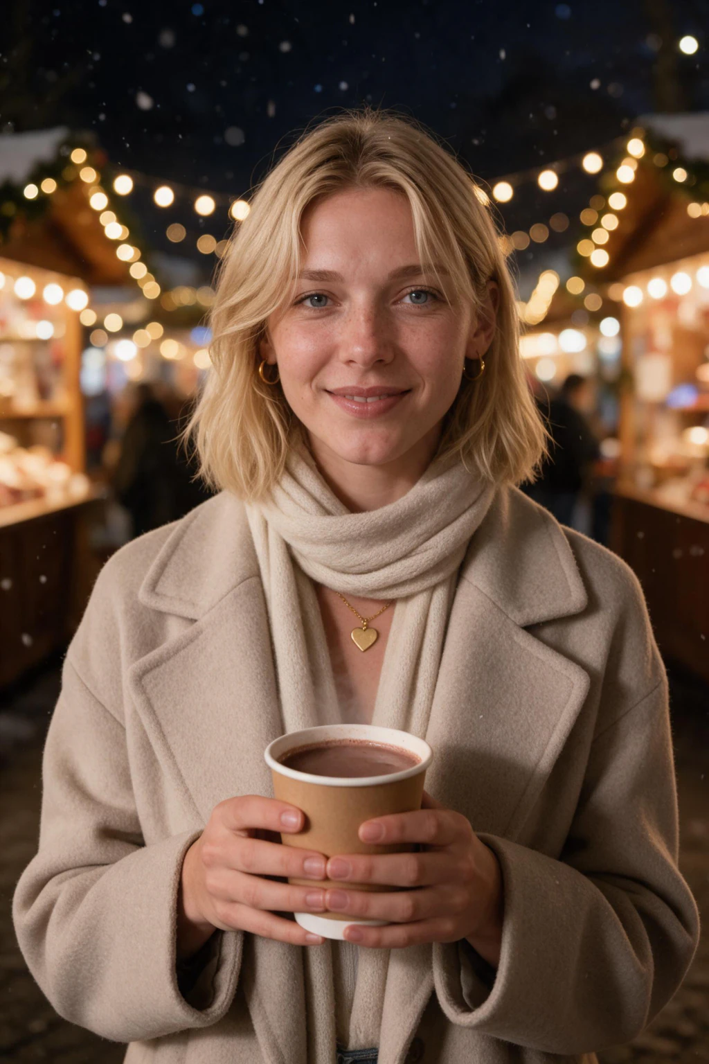 A woman in a charcoal wool coat and red scarf standing among warm string lights at a Christmas market stall row, generated from one selfie
