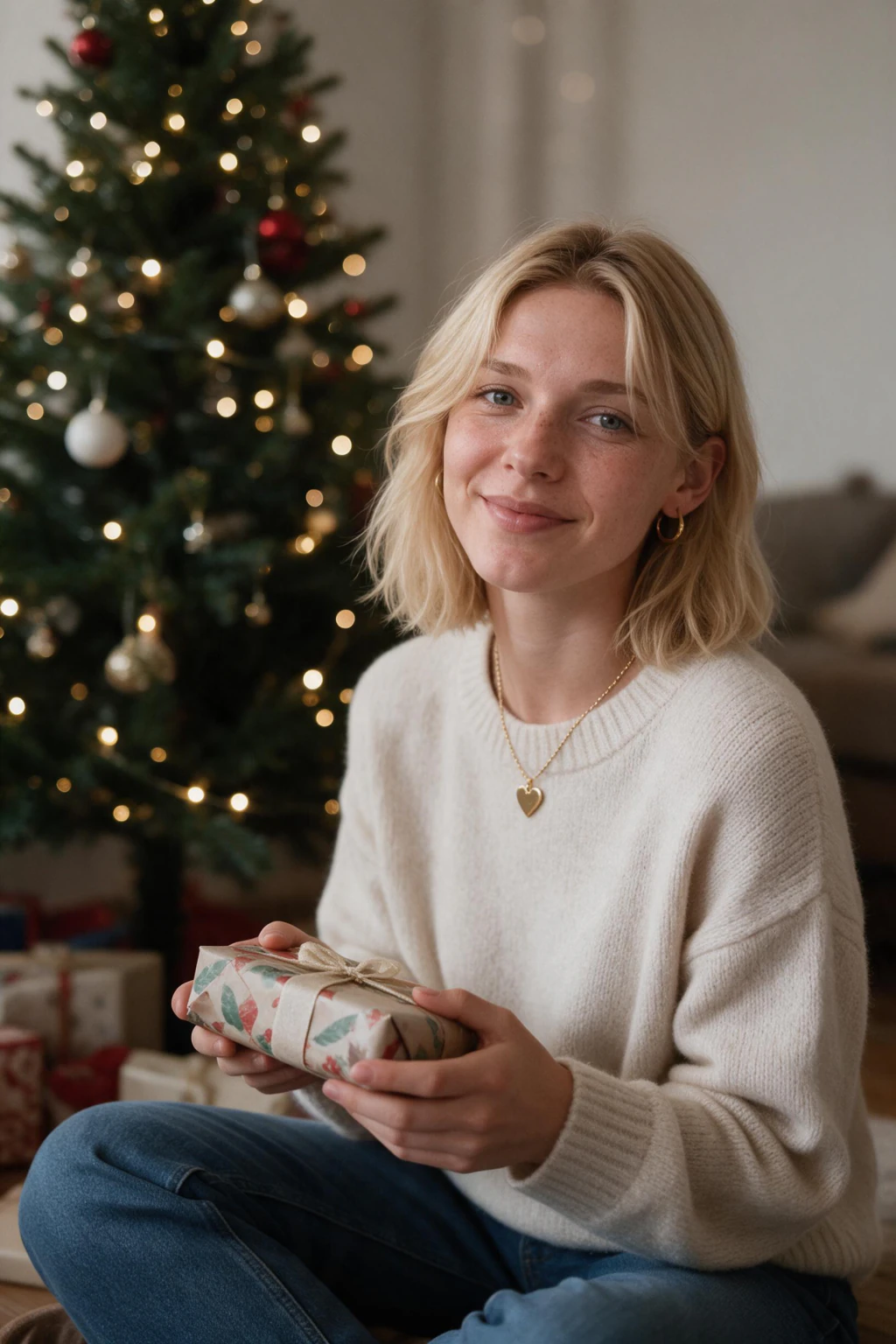A woman seated by the Christmas tree in a living room lit by warm string lights, generated from one selfie