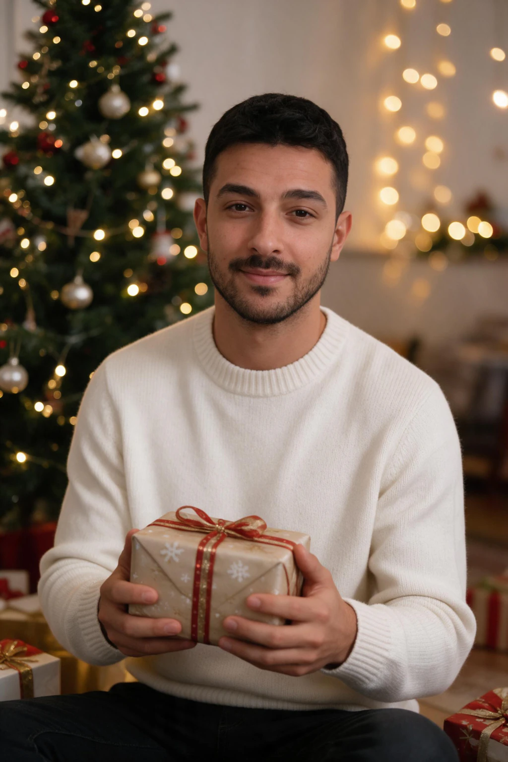 By the Christmas tree: AI photo generated from the selfie on the left