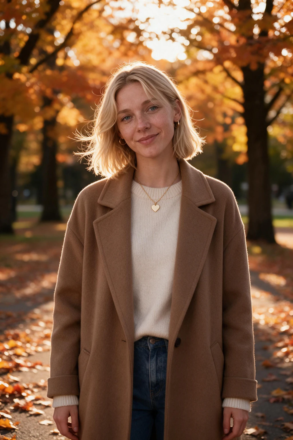 A woman in a camel wool coat over a cream knit walking a park path under maples in full autumn colour, backlit by golden-hour sun, generated from one selfie