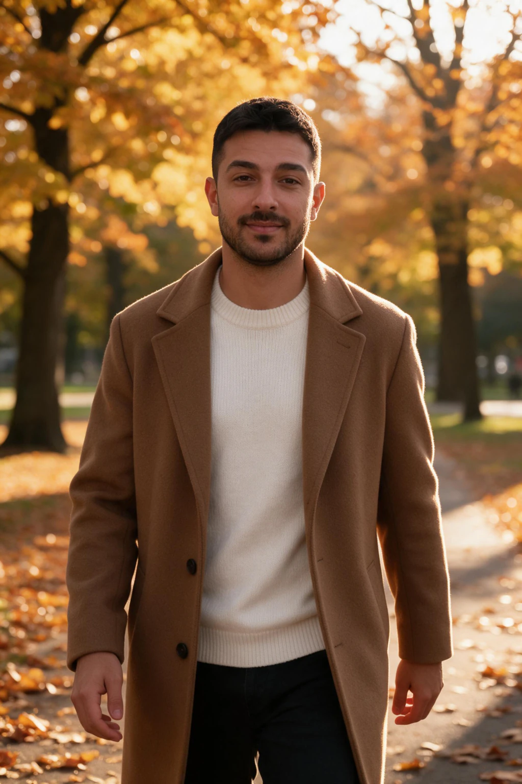 A man in a camel wool coat over a cream knit walking a park path under maples in full autumn colour, generated from one selfie