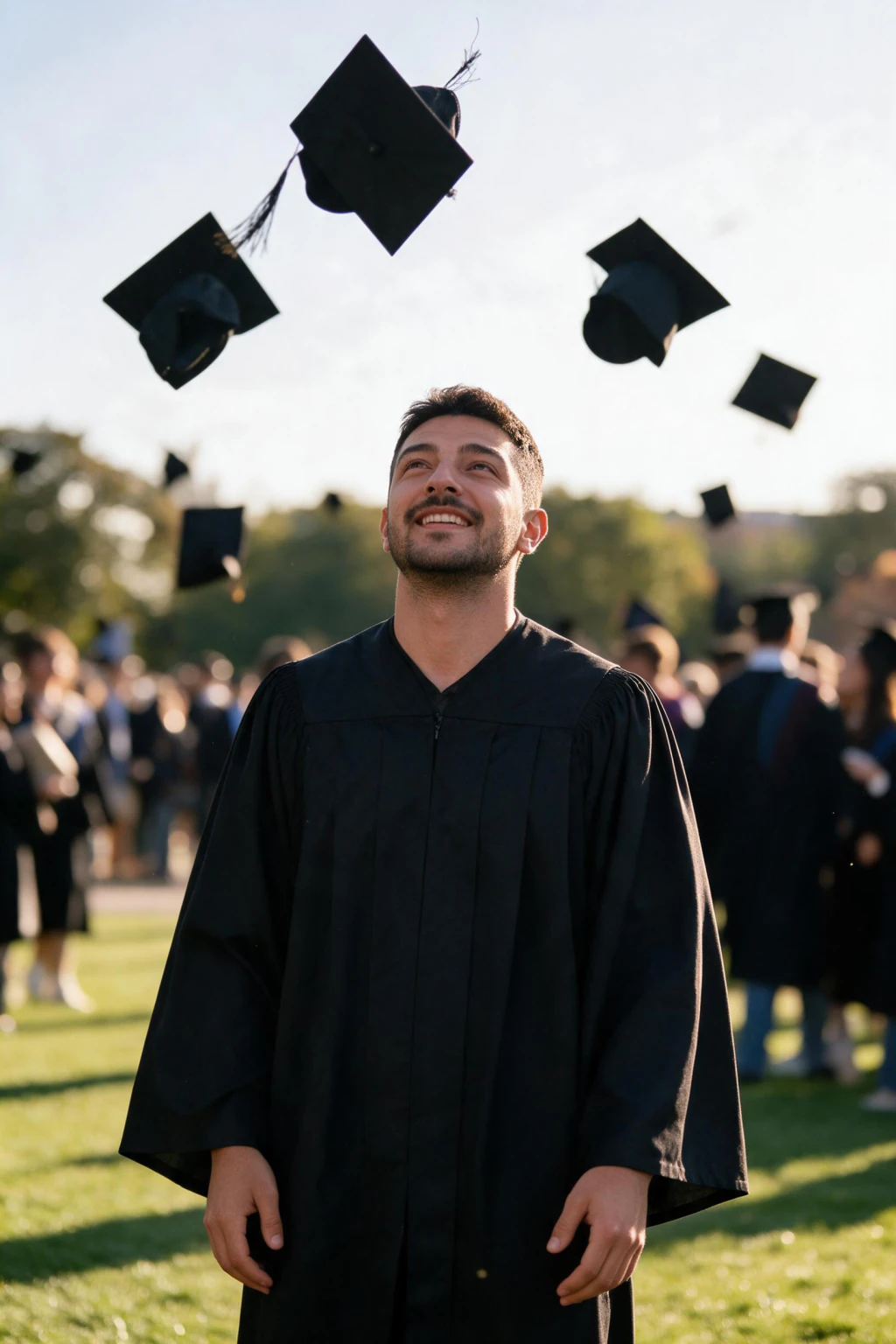 Graduation Photoshoot Ideas & Poses From Your Selfie: graduation cap toss example, generated from one selfie | MakeAiPhotos