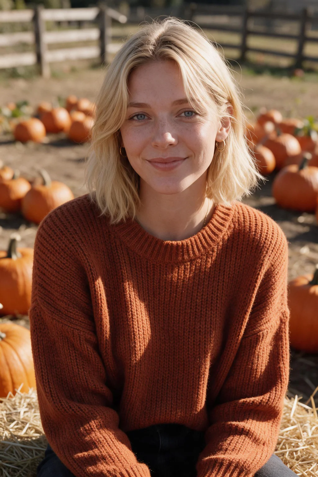 A woman in a rust-orange chunky knit seated on a hay bale in a pumpkin patch in late-afternoon sun, generated from one selfie