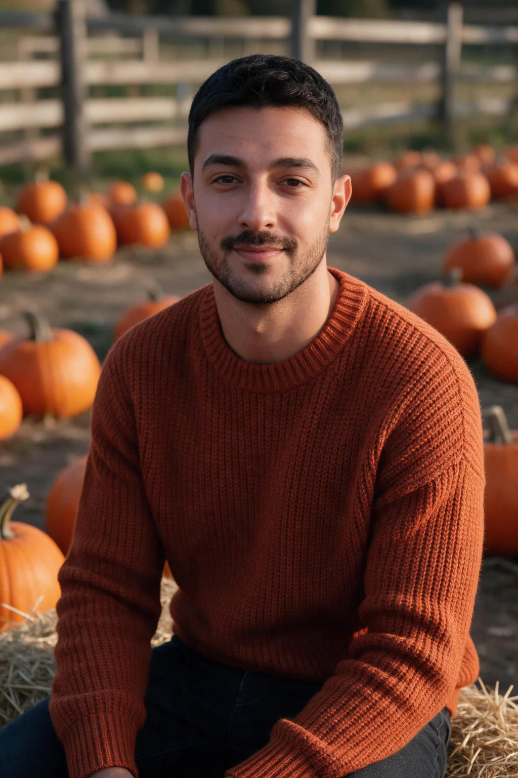 A man in a rust-orange chunky knit seated on a hay bale in a pumpkin patch in late-afternoon sun, generated from one selfie
