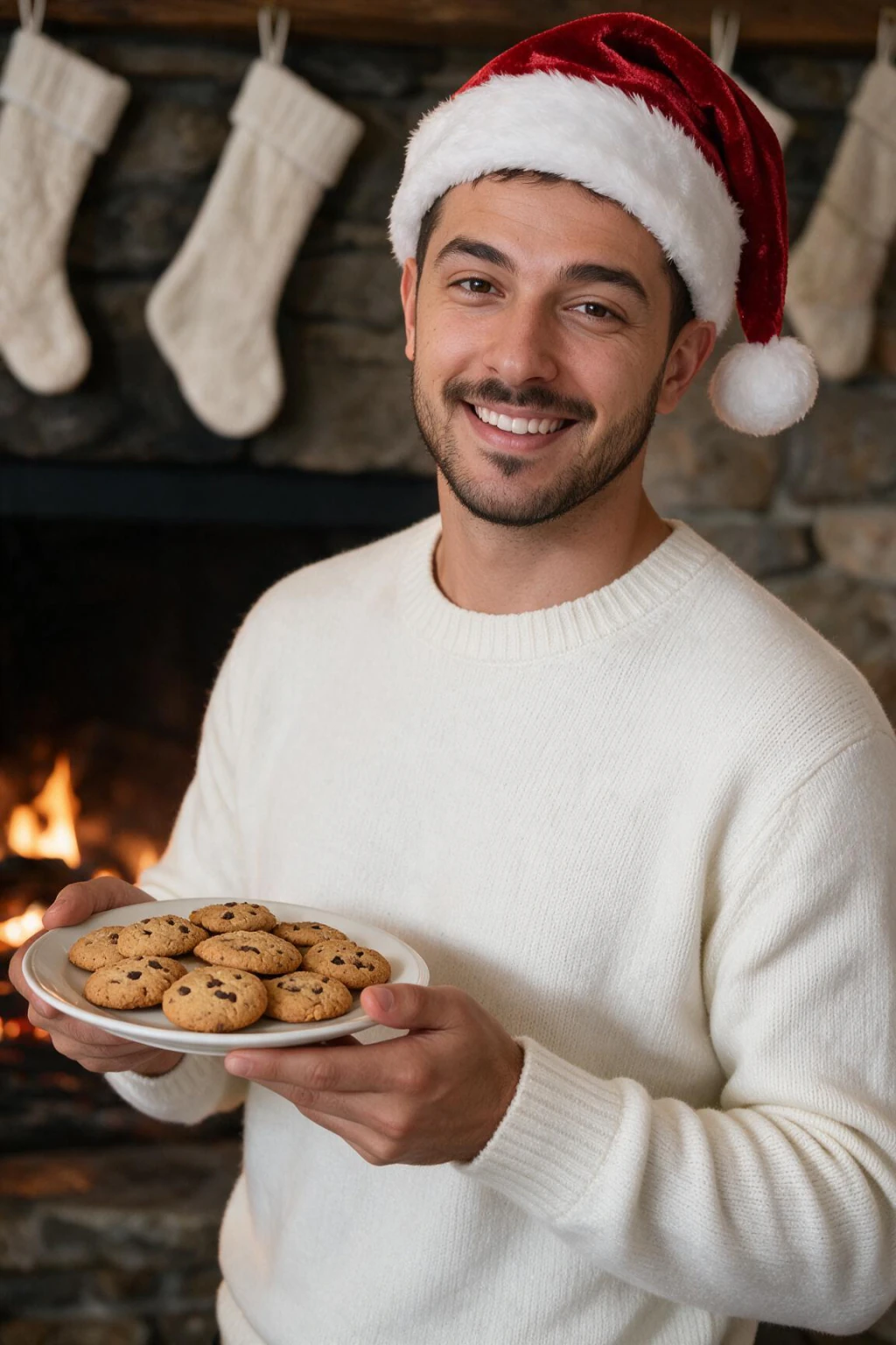A man in a red velvet Santa hat by a fireplace with knit stockings, holding a plate of cookies, generated from one selfie