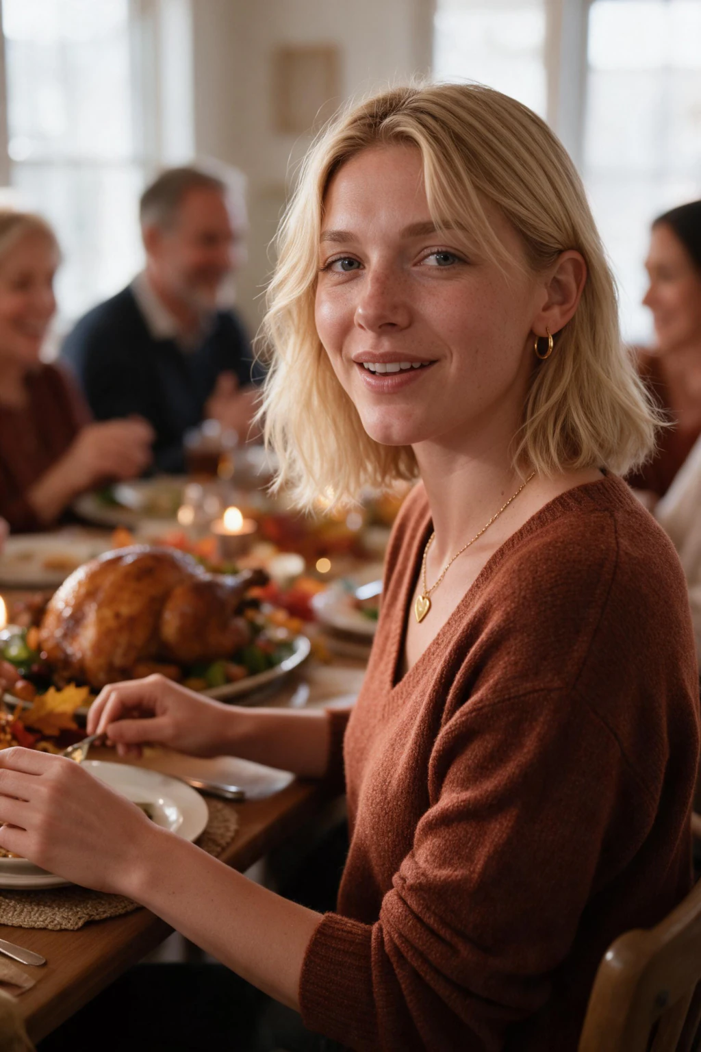 AI Thanksgiving photo: a woman at a long family dinner table with candles and an autumn centerpiece, generated from one selfie