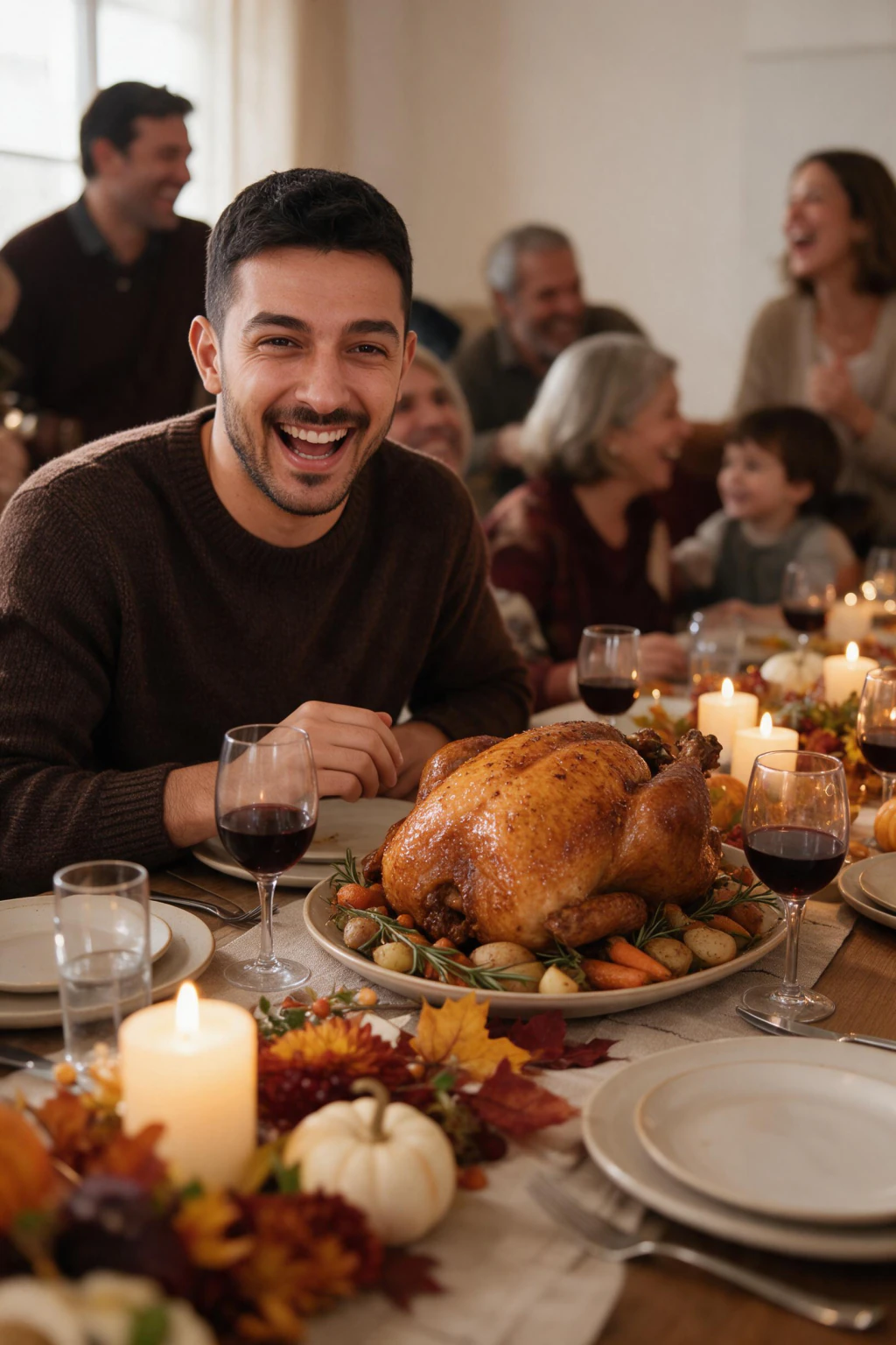 Thanksgiving family table: AI photo generated from the selfie on the left