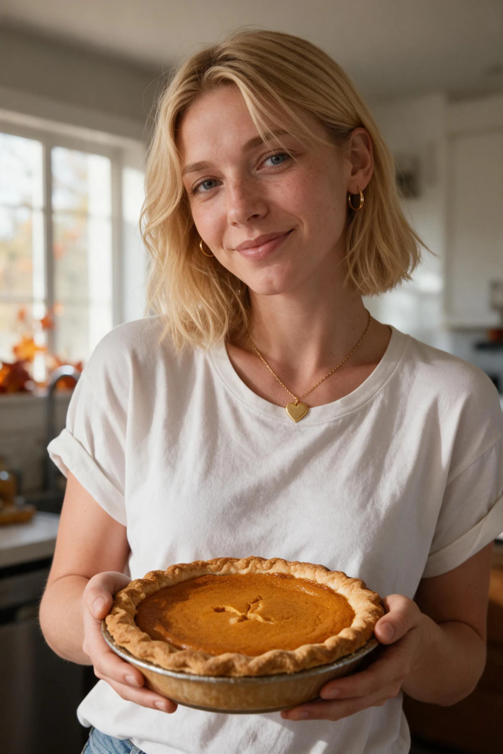 AI Thanksgiving photo: a woman in a home kitchen holding a pumpkin pie in warm light, generated from one selfie