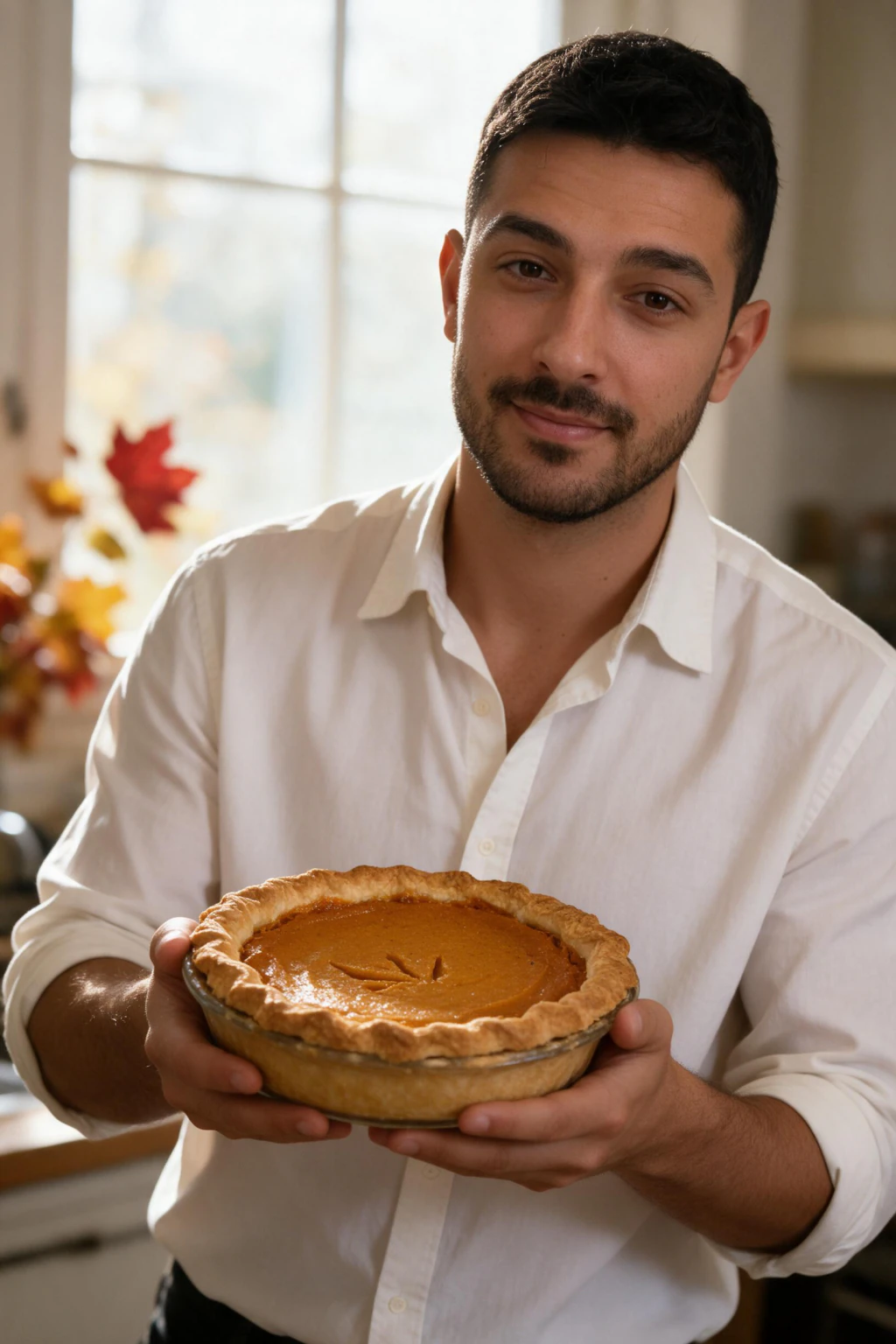 AI Thanksgiving photo: a man in a home kitchen holding a pie in warm light, generated from one selfie