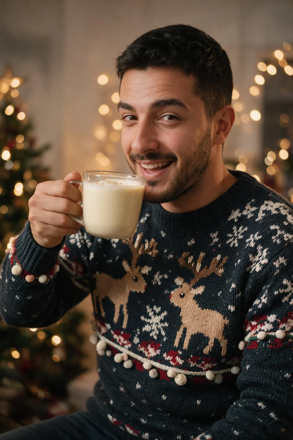A man laughing at a holiday house party in a chunky reindeer ugly Christmas sweater, generated from one selfie